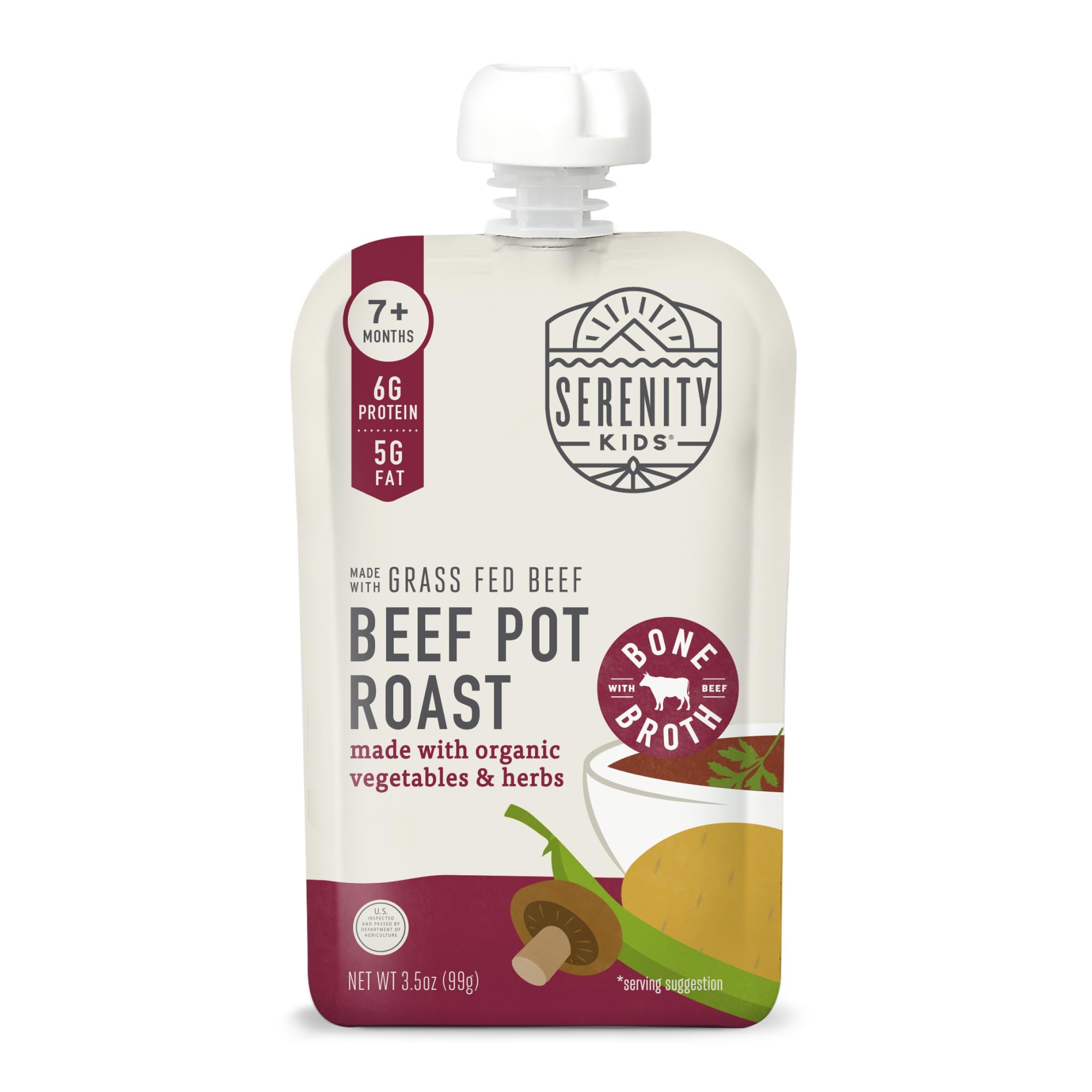 Serenity Kids Bone Broth Puree Made With Organic Veggies | Clean Label Project Purity Award Certified | 3.5 Ounce BPA-Free Pouch | Grass Fed Beef Pot Roast | 1 Count
