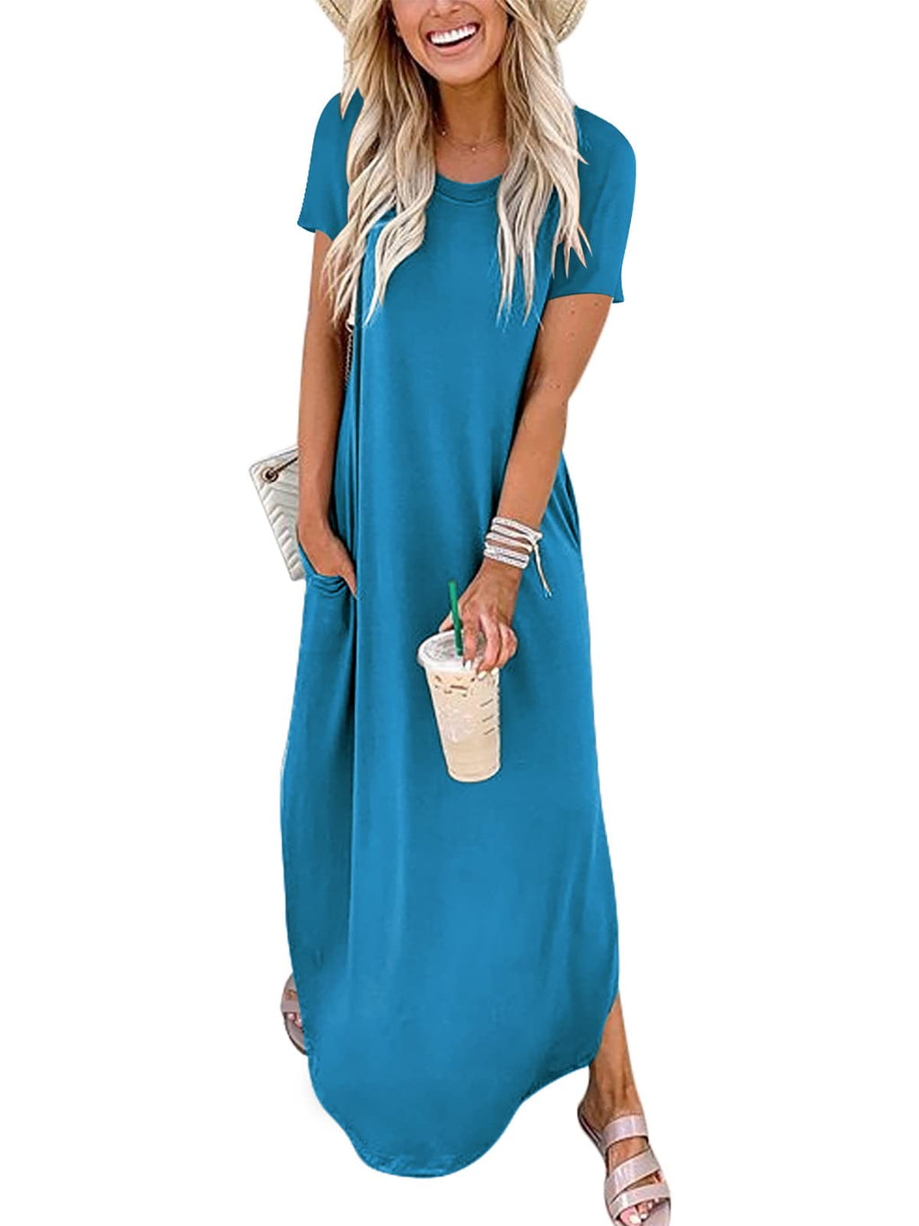 ANRABESS Womens Summer Maxi Dress Short Sleeve Casual Loose Long T Shirt Dresses Split Vacation Beach Sundress Travel Outfits