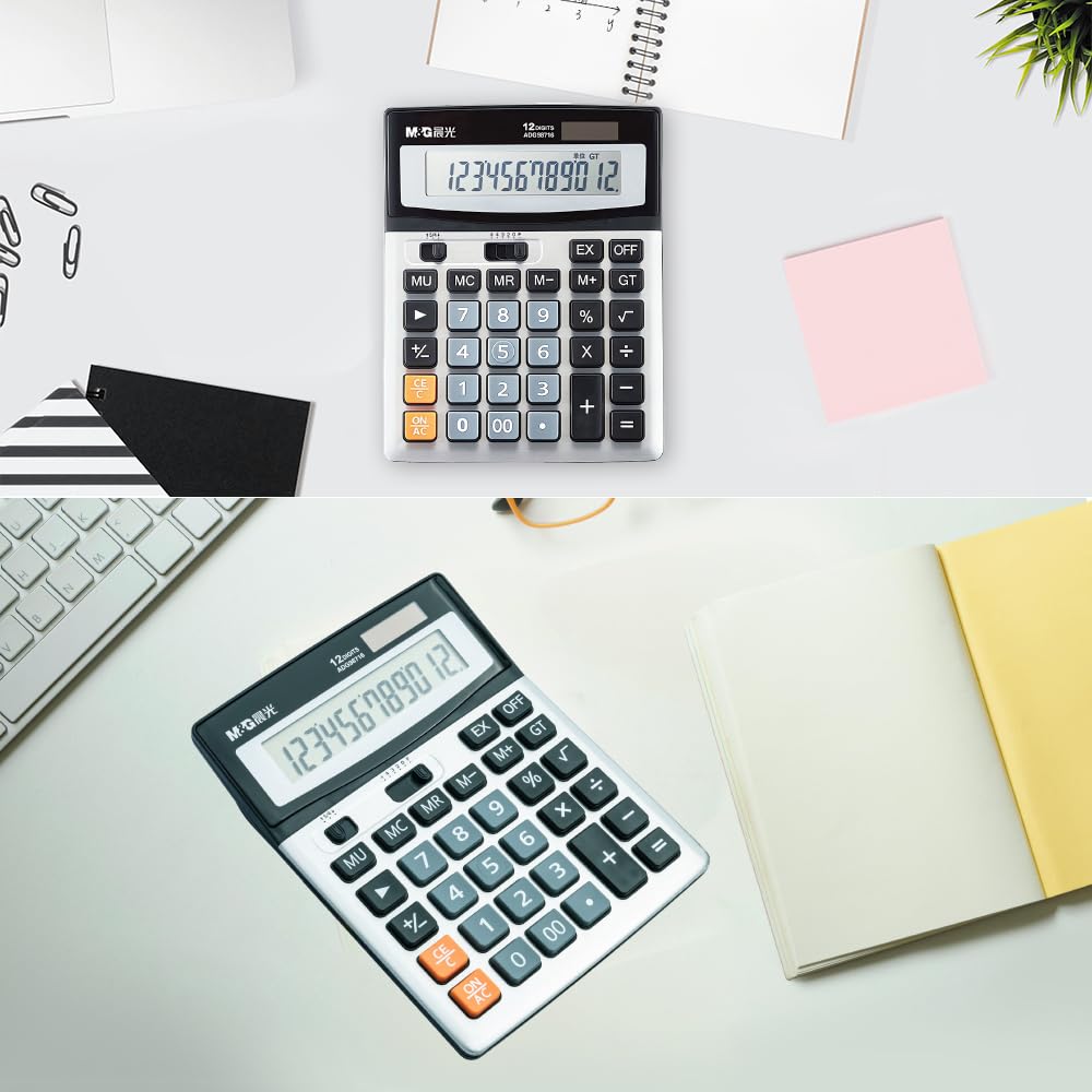 M&G Desk Calculator 12 Digit Extra Large LCD Display, Dual Solar Power and Battery, Accounting Calculator with Big Button, Battery Include, Perfect for Office Business Home Daily Use