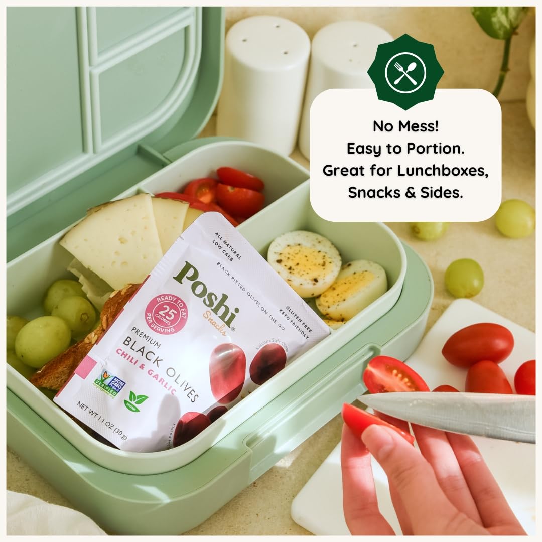 POSHI Green Pitted Olives - Basil & Garlic | Vegan, Kosher, Gluten Free + Keto Friendly, Fresh, Low Calorie Healthy Snacks | (30 Pack, 1.1oz Bags)