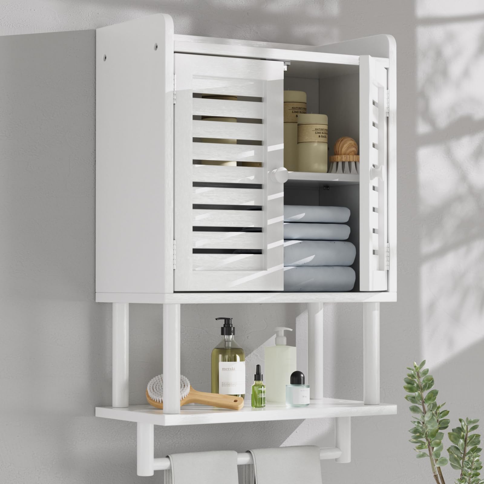 AmazerBath Bathroom Wall Cabinets, Bamboo Medicine Cabinet with Rattan Door, Over The Toilet Storage Cabinet with Towel Bar, Wall Mounted Cabinet with Adjustable Shelves for Small Spaces
