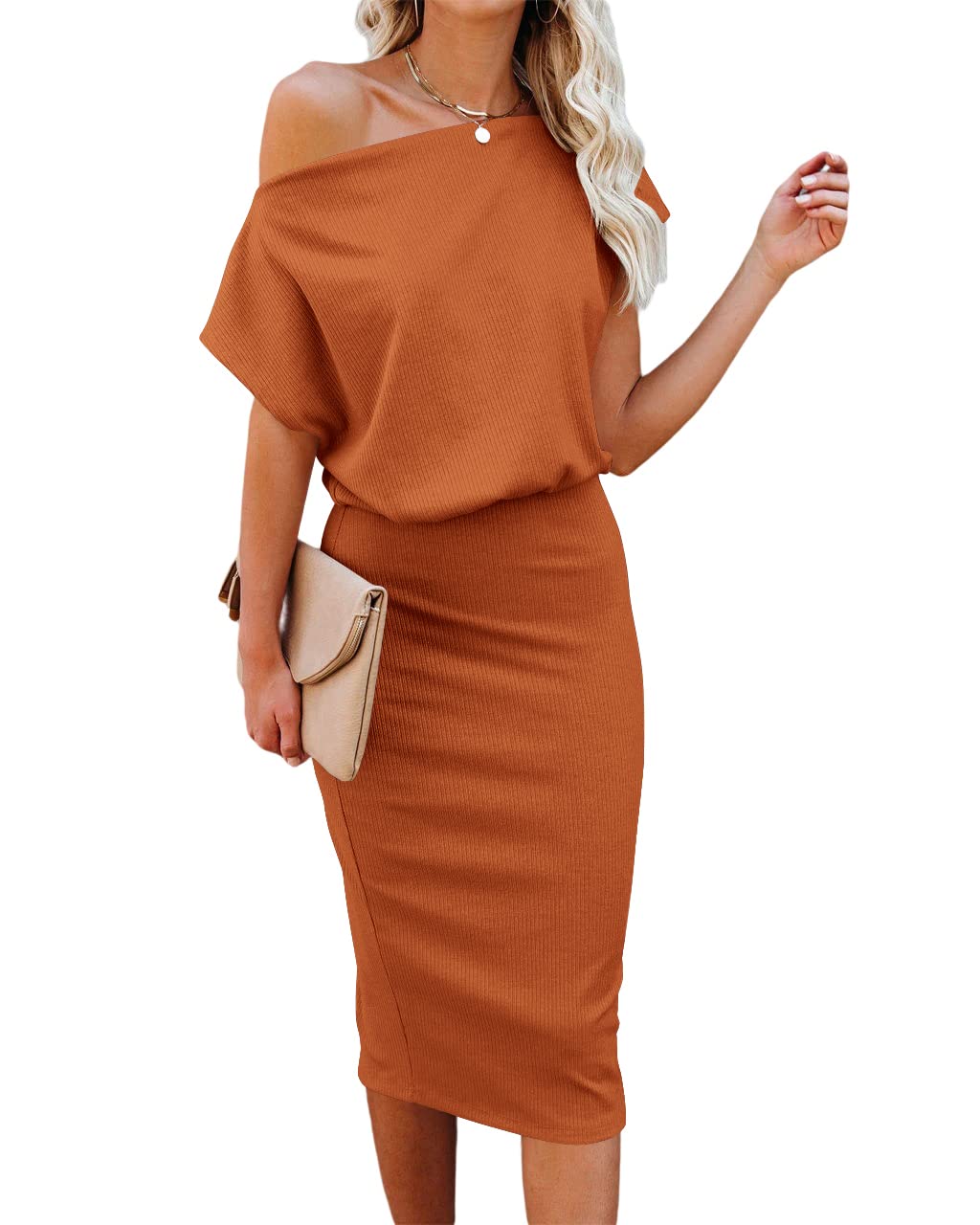 EZBELLE Women's Summer Dress Off The Shoulder Short Sleeve Ribbed Casual Party Bodycon Midi Dresses