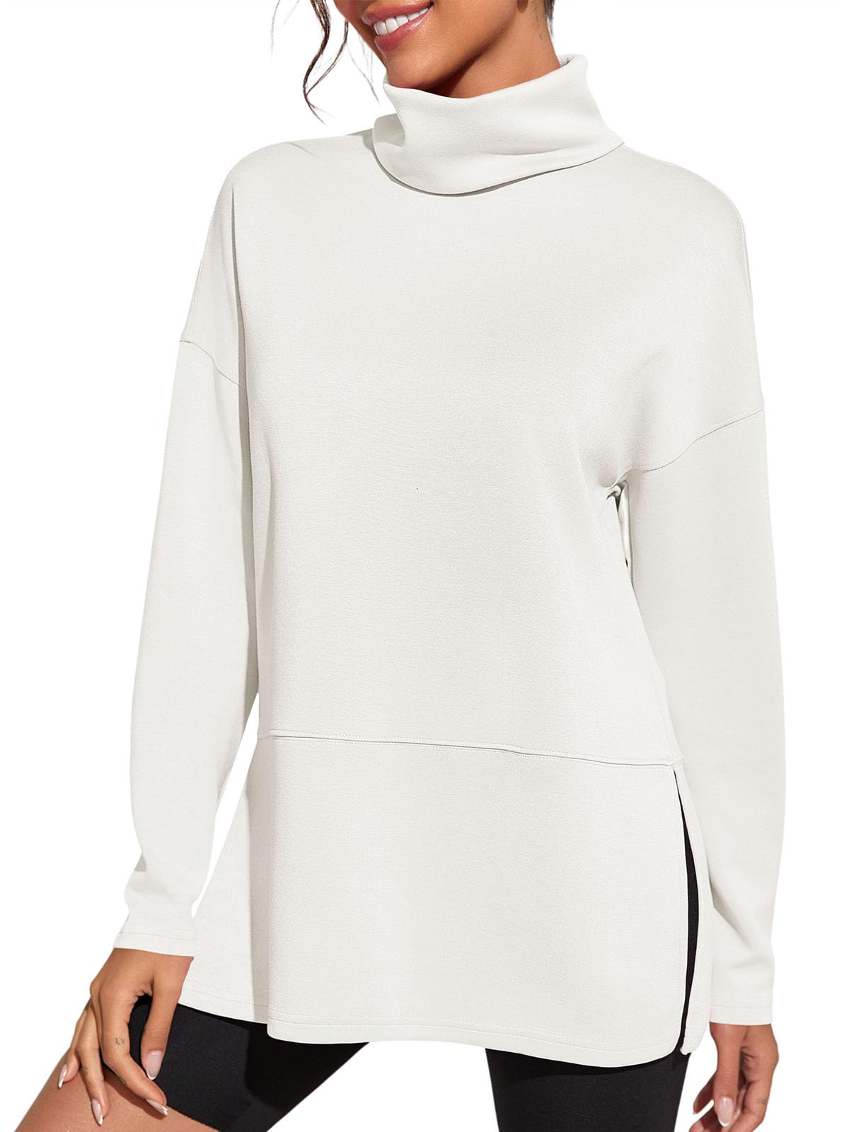 Fisoew Women's Turtleneck Oversized Sweatshirt Casual Long Sleeve Loose Side Slit Pullovers Tunic Tops
