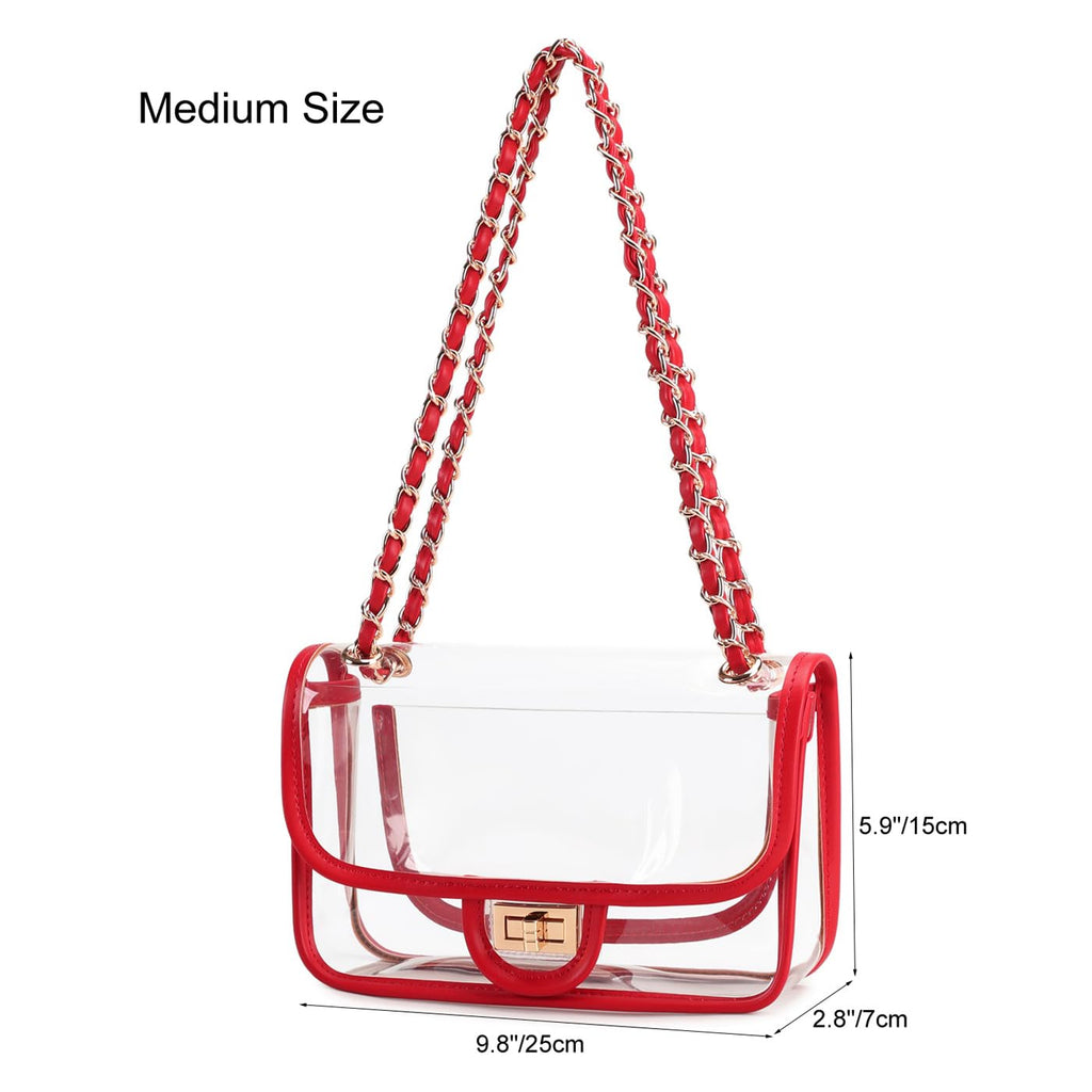 Womens PVC Clear Purse Handbag with Chain Stadium Approved Clear Bag See Through Bag for Working and Concert