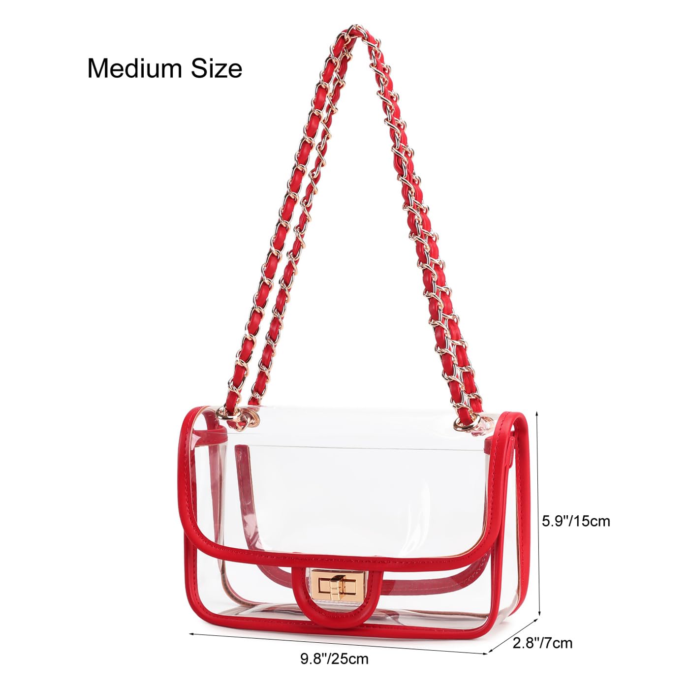 Womens PVC Clear Purse Handbag with Chain Stadium Approved Clear Bag See Through Bag for Working and Concert