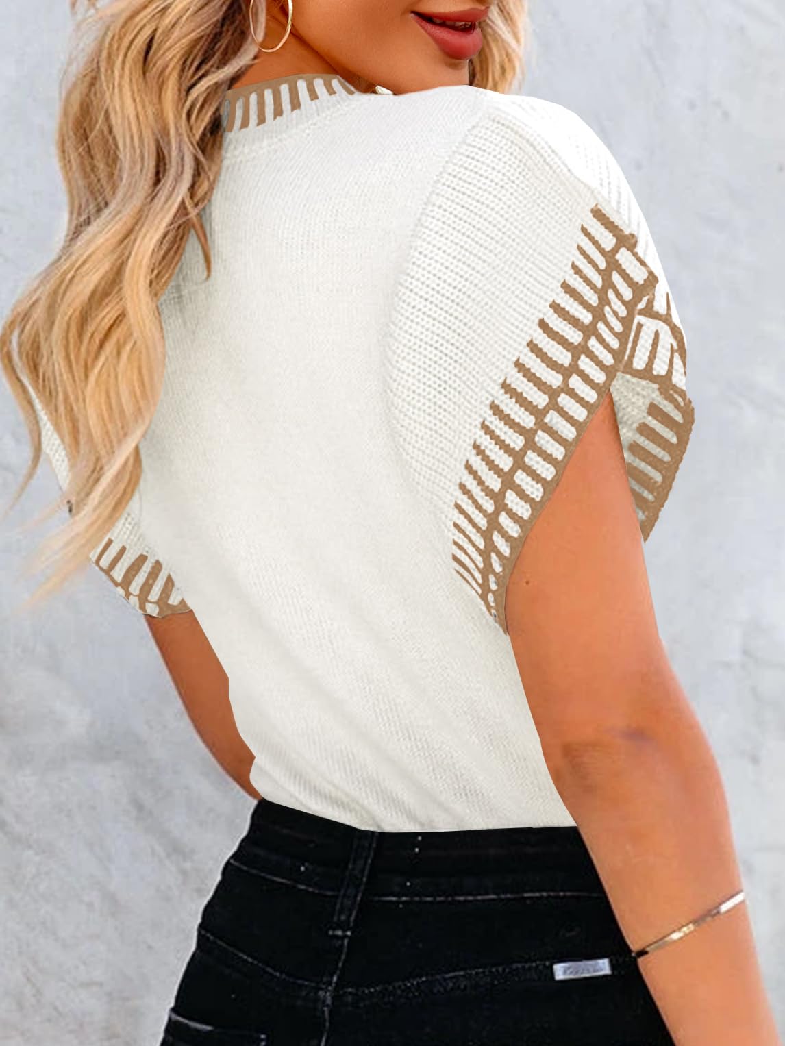 Saodimallsu Womens Short Sleeve Sweaters Tops Summer Ruffle Striped Loose Crew Neck Lightweight Soft Shirts Knit Sweater