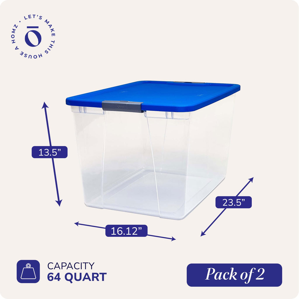 HOMZ 4-Pack Secure Latch, Clear Plastic Storage Organizer Bins, 15 Quart, Gray Lid - Stackable Container Boxes for Bedroom, Bathroom, Garage, and Office Organization
