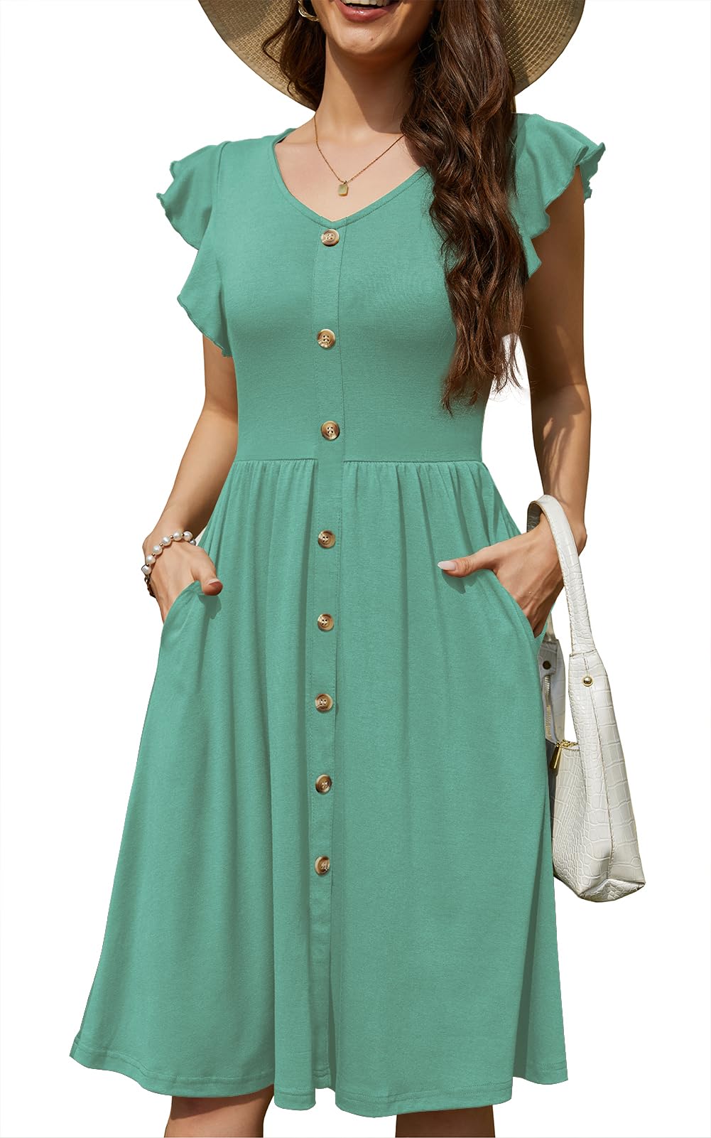 Lamilus Women's Casual Summer Dresses 2026 Ruffle Sleeves V-Neck Button Down Midi Swing Party Dress with Pockets