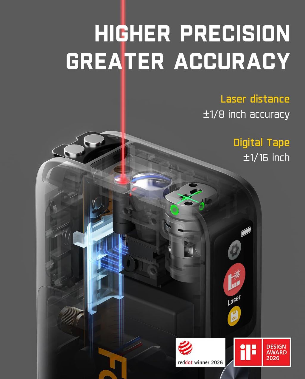 Fanttik A10 Apex 3-in-1 Digital Laser Tape Measure with HD Color Display, 165Ft Rechargeable Laser Measurement & 32Ft Green Cross Line Laser & 9.8Ft Tape, 6 Units, for Distance/Area/Volume/Leveling