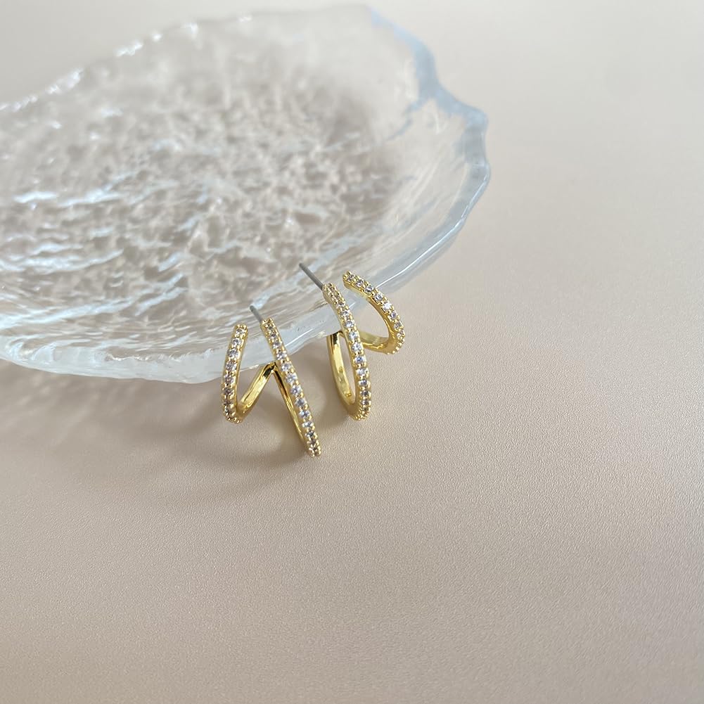 Obidos 14K Gold Plated Illusion Stud Earrings for Women | Triple Huggie Hoop Earrings for One Hole| Trendy Simple Hypoallergenic Fashion Accessories Gold Jewelry Gifts for Womens