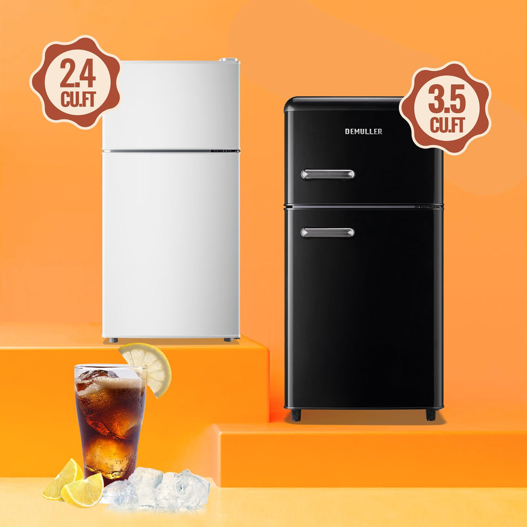 DEMULLER Mini Fridge with Double Doors Small Refrigerator with Separate Freezer & 7 Adjustable Temperature Control, Tiny Size & Personal Fridge Ideal for Office Apartment Dorm Black