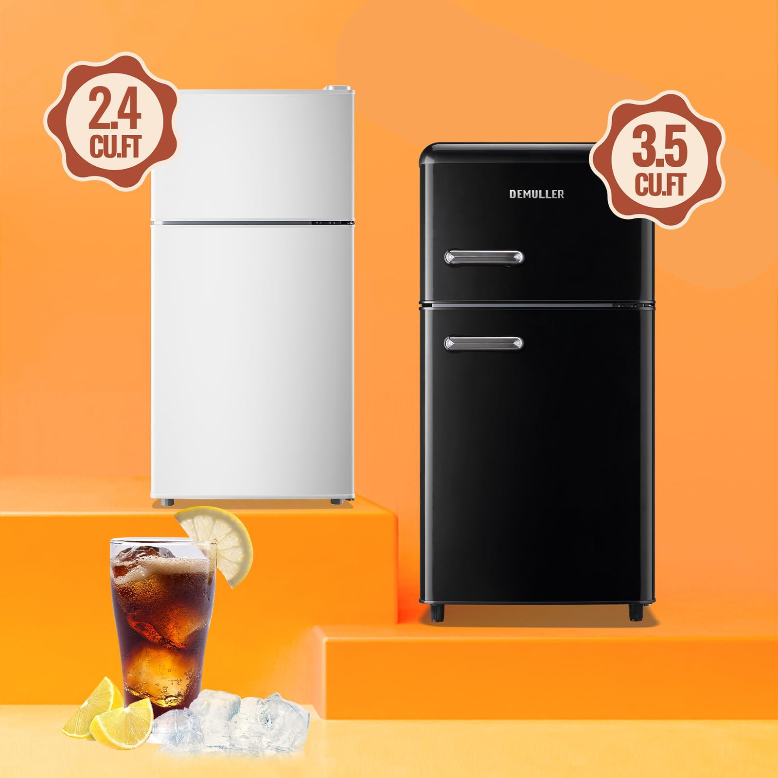 DEMULLER Mini Fridge with Double Doors Small Refrigerator with Separate Freezer & 7 Adjustable Temperature Control, Tiny Size & Personal Fridge Ideal for Office Apartment Dorm Black