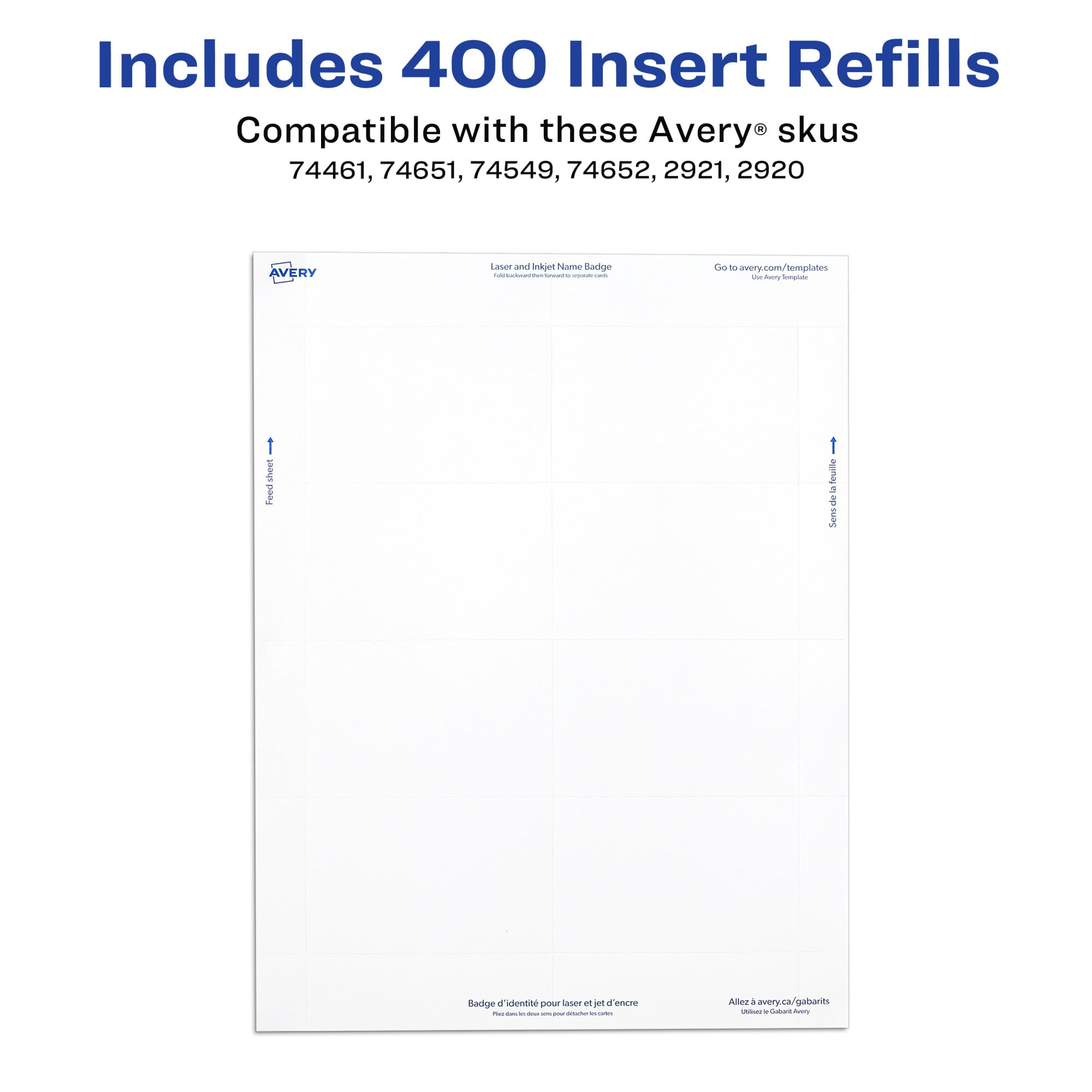 Avery Customizable Name Badge Inserts, 2.25" x 3.5", White, 400 Printable Name Tag Inserts (5390), Pack of 5