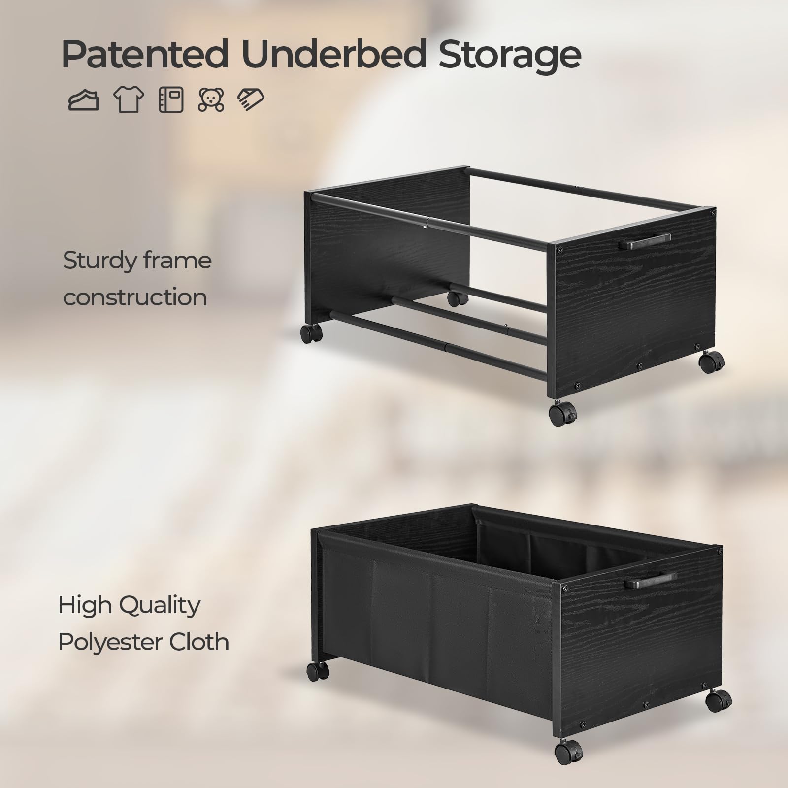 FOUCSSOMEI Under Bed Storage with Wheels, Wooden Under Bed Drawers On Wheels, Rolling Under Bed Shoe Storage, Space Saving, Black,30L