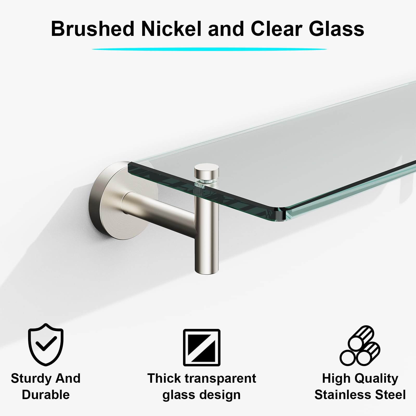 Glass Bathroom Shelves,Brushed Gold Floating Shelves for Wall Rectangular Modern Stainless Steel Glass Shelf for Bathroom Shelves wall Mounted 16 Inch