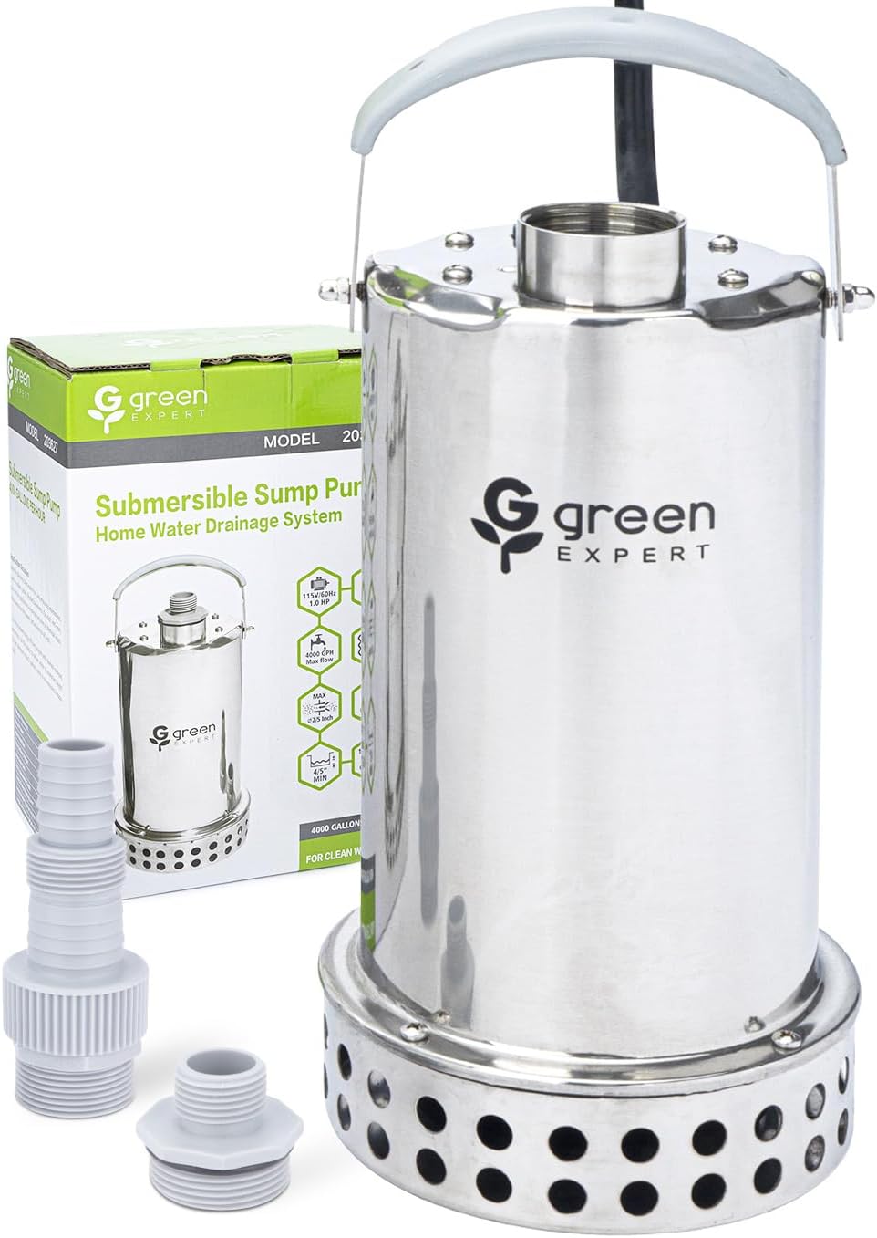 Green Expert 1HP Submersible Sump Pump, 4000GPH Full 304 Stainless Steel Manual Utility Pump with Adapter Kit, Oil-Free Top Discharge Water Removal for Basements, Pools, Hot Tubs & Drainage Pits