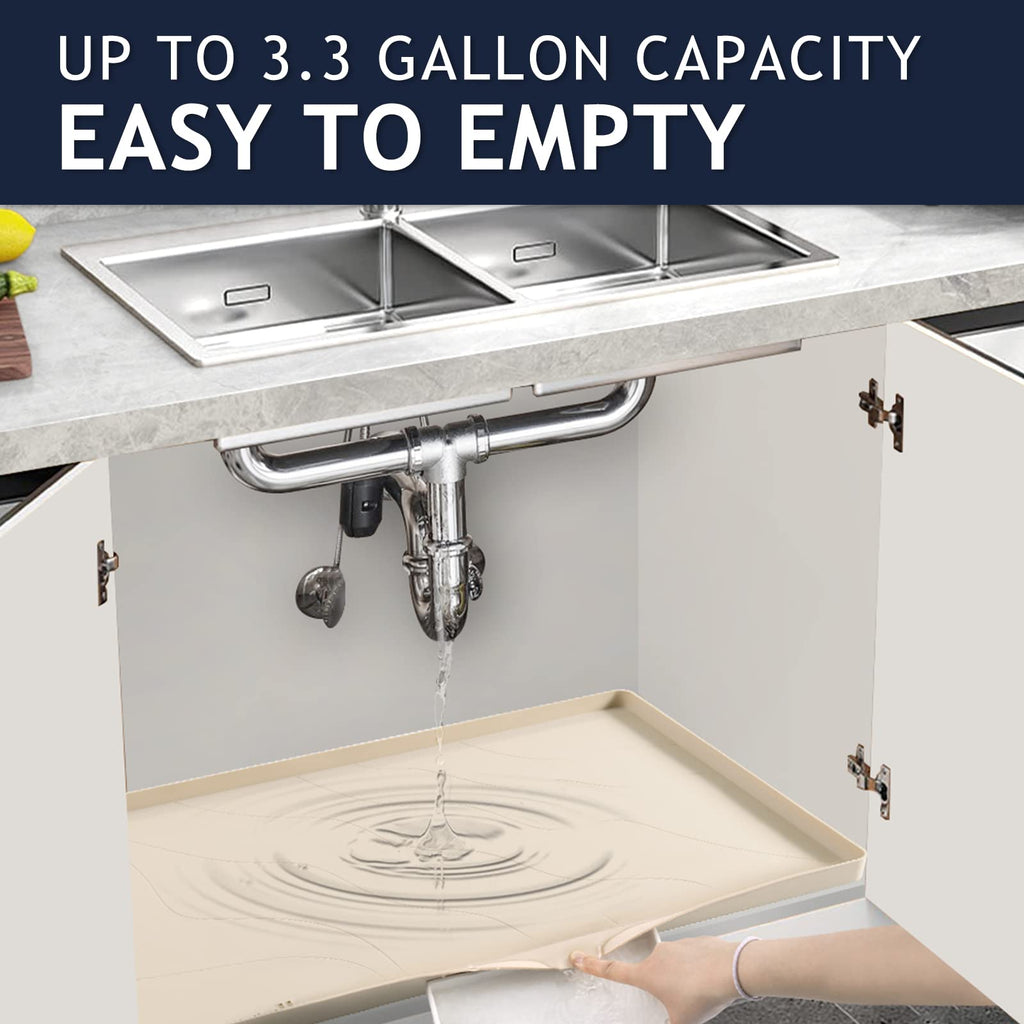 Heavy Duty Silicone Under Sink Mats for Kitchen Waterproof 19" x 19", Extra Thick Under Sink Rubber Mat Drip Tray, Raised Edge Under Sink Liner,Prevent Drips, Leaks, Spills,Beige