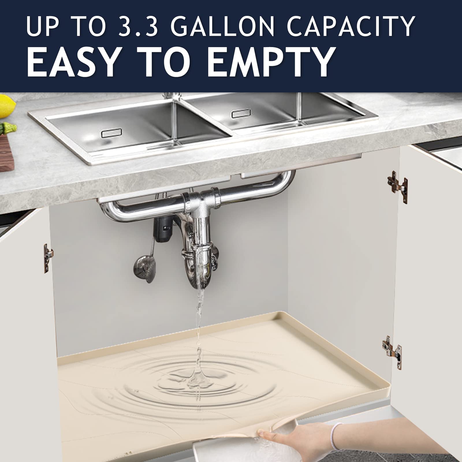 Heavy Duty Silicone Under Sink Mats for Kitchen Waterproof 19" x 19", Extra Thick Under Sink Rubber Mat Drip Tray, Raised Edge Under Sink Liner,Prevent Drips, Leaks, Spills,Beige
