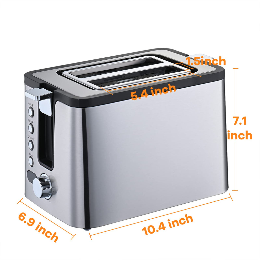 Mecity 4 Slice Toaster, Long Slot Toaster With Warming Rack, Timer, Bagel, Defrost, Reheat Functions, Crumb Tray, 6 Browning Settings, Extra Wide Long Slots, Stainless Steel, 1300W, Grey