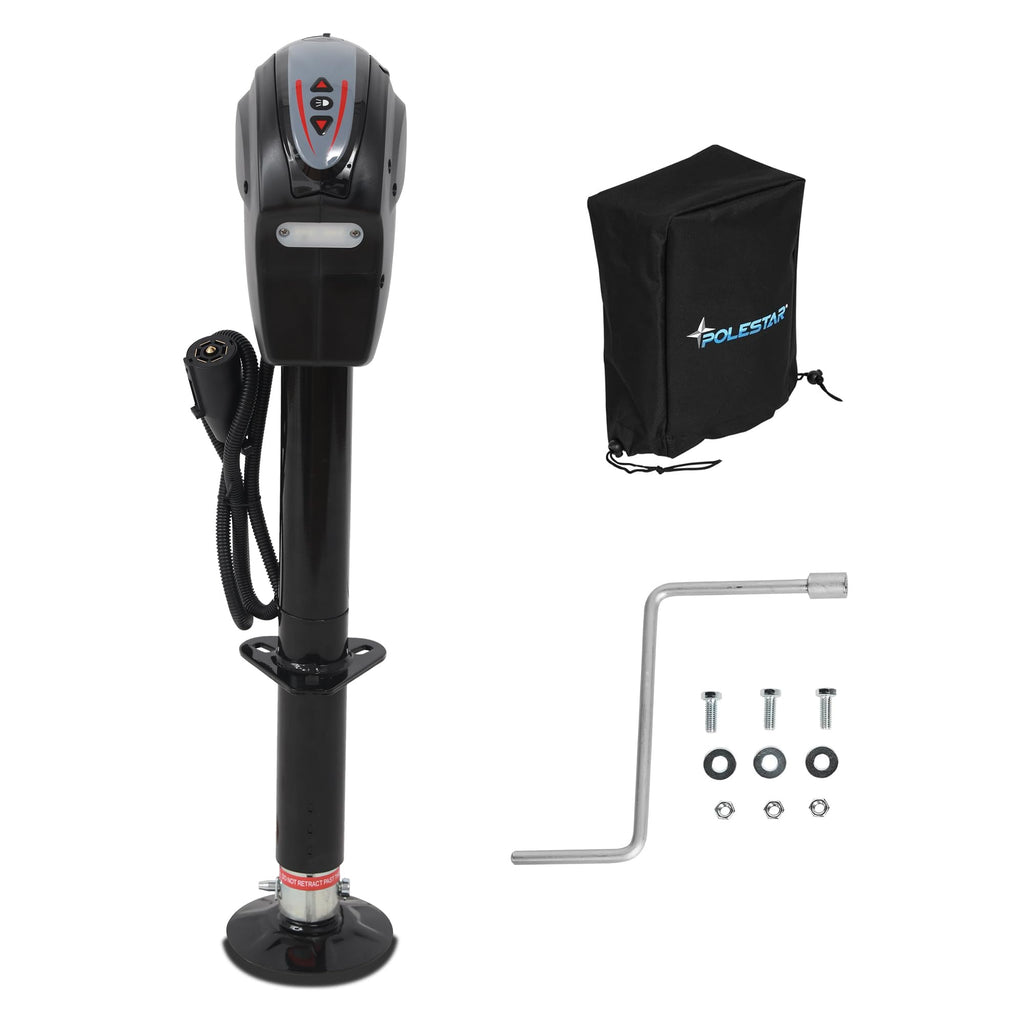 POLESTAR Electric Trailer Jack, 3500lbs Electric Power A- Frame Tongue Jack with Waterproof Protective Cover & LED Light for Travel Trailer Camper, RV, 12V DC with Hard Wiring, 9"-27" Lift