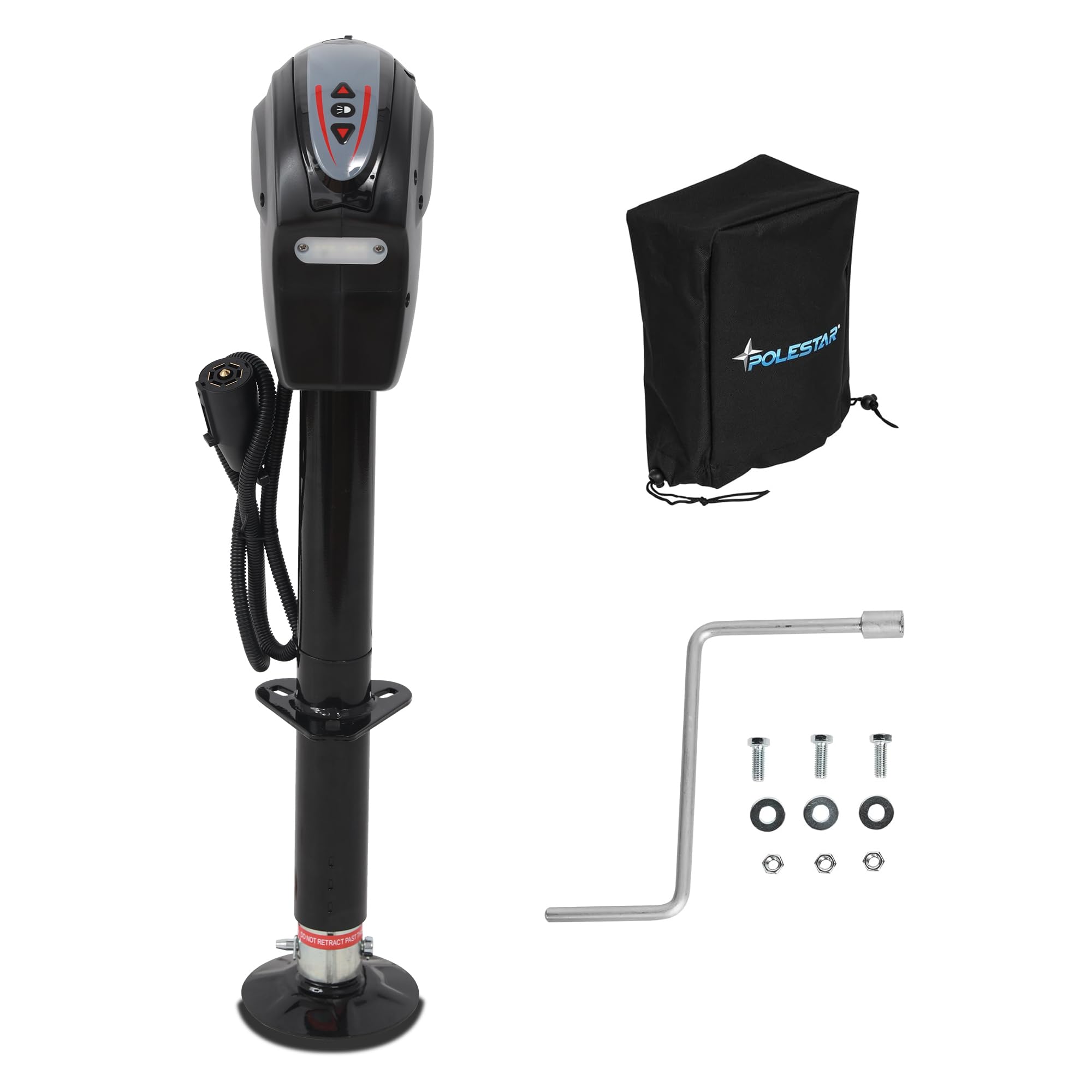 POLESTAR Electric Trailer Jack, 3500lbs Electric Power A- Frame Tongue Jack with Waterproof Protective Cover & LED Light for Travel Trailer Camper, RV, 12V DC with Hard Wiring, 9"-27" Lift