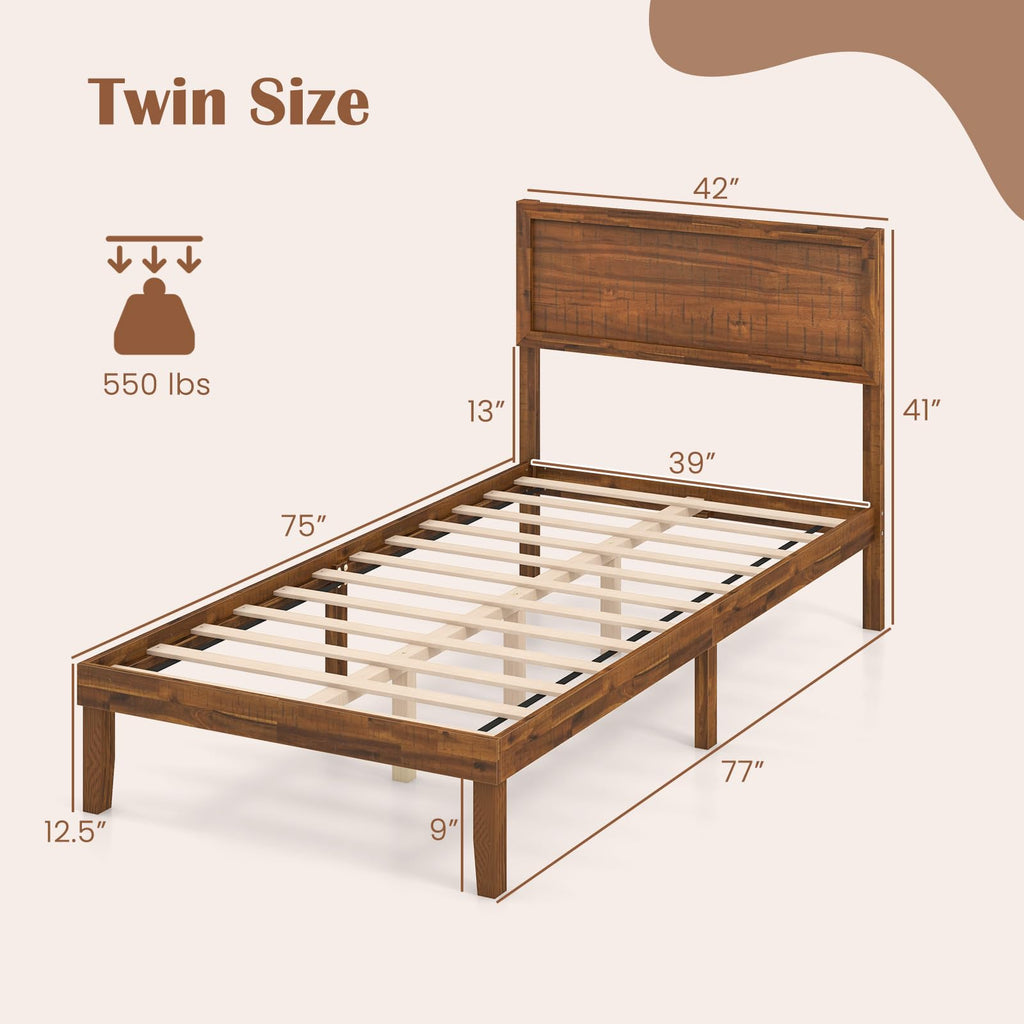 Giantex Wood Twin Bed Frames with Headboard, Solid Acacia Wood Platform Bed with 12 Strong Wooden Slat Support, Scandinavian Style Art Deco Twin Size Bed Frame, No Box Spring Needed, Rustic Brown