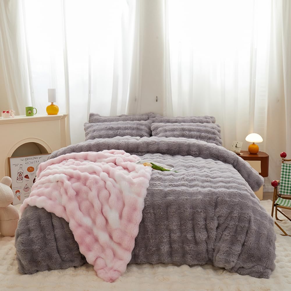 Faux Fur Kids Girls Purple Rainbow Comforter Sets Twin/Full - 3PC Bed Set Warm Comfortable Soft Plush Flannel Velvet Fluffy Fuzzy Bedding（Comforter x 1 Pillowcases x 2）