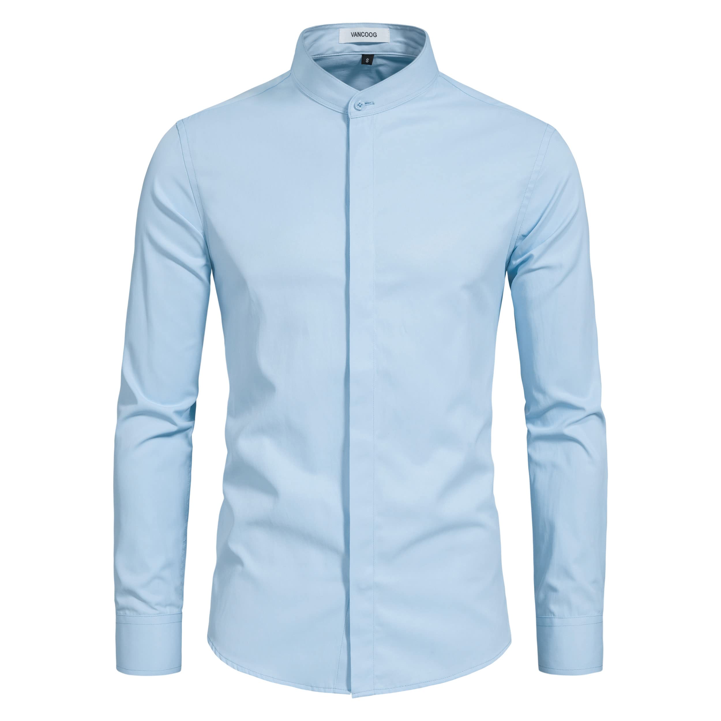 Men’s Banded Collar(Mandarin Collar) Long Sleeve Casual Solid Fancy Dress Shirts