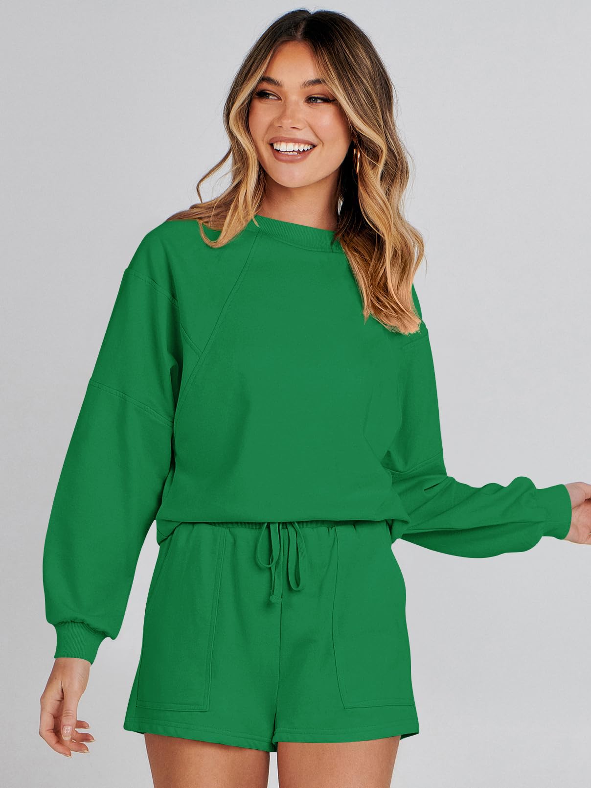 MEROKEETY 2026 Spring Lounge Sets for Women Oversized Batwing Sleeve Casual Top and Shorts 2 Piece Outfits Sweat Set