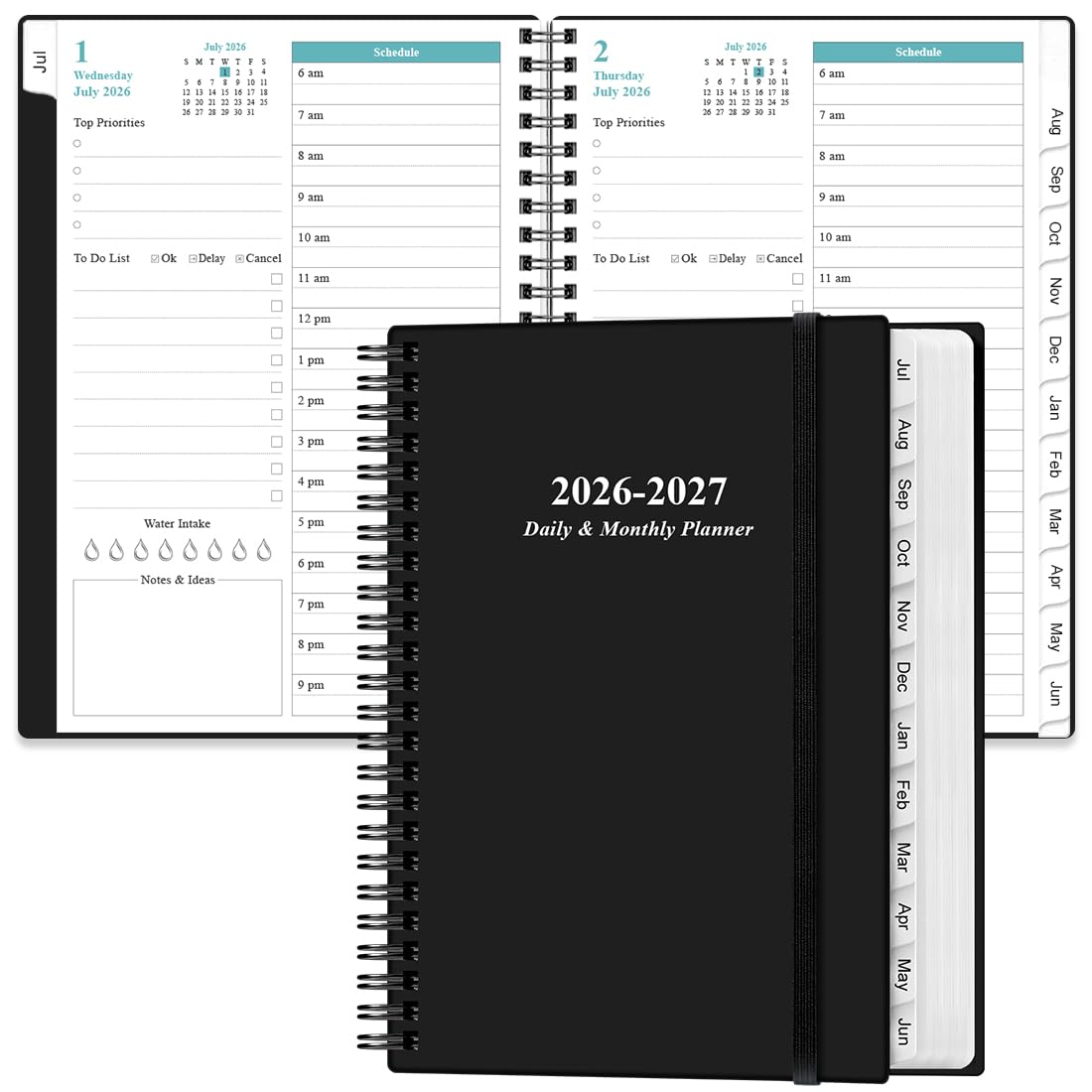 2026-2027 Daily & Monthly Planner - One Page Per Day, Daily Planner from July 2026 to June 2027, Planner 2026-2027 with 12 Monthly Tabs, 6.4" x 8.5", Black