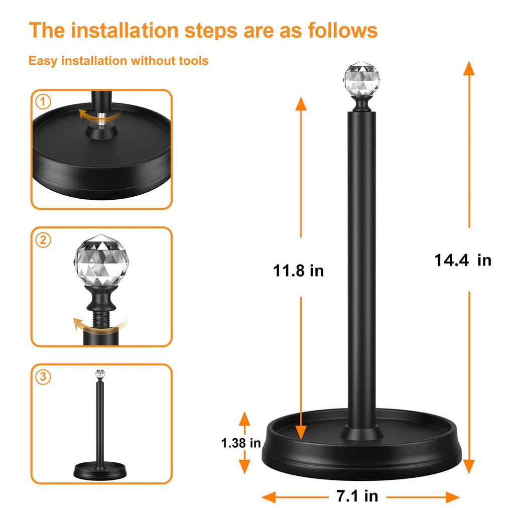 KASUNTO Paper Towel Holder with Crystal Ball - Steel Countertop Stand, Fits Standard & Jumbo Rolls, Brushed Nickel