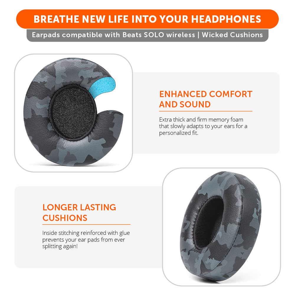 WC Extra Thick Replacement Earpads for Beats Solo 2 & 3 by Wicked Cushions - Ear Pads for Beats Solo 2 & 3 Wireless ON-Ear Headphones - Soft Leather, Luxury Memory Foam, Strong Adhesive | 90's Black