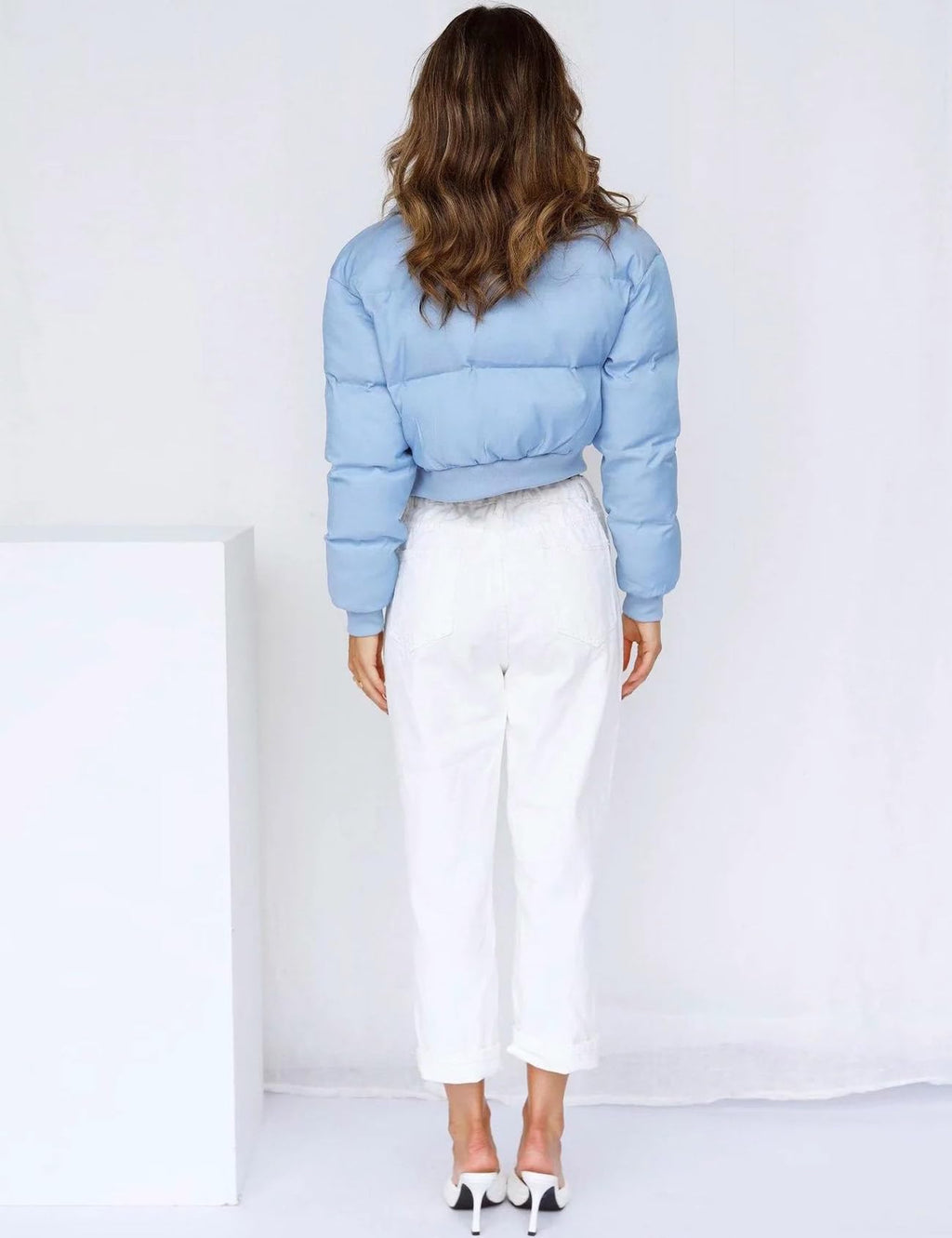 Gihuo Women' s Cropped Puffer Jacket Padded Long Sleeve Bubble Coats Winter Warm Puffy Outerwear