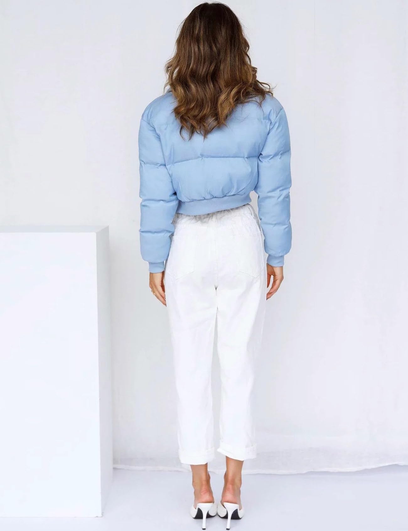 Gihuo Women' s Cropped Puffer Jacket Padded Long Sleeve Bubble Coats Winter Warm Puffy Outerwear