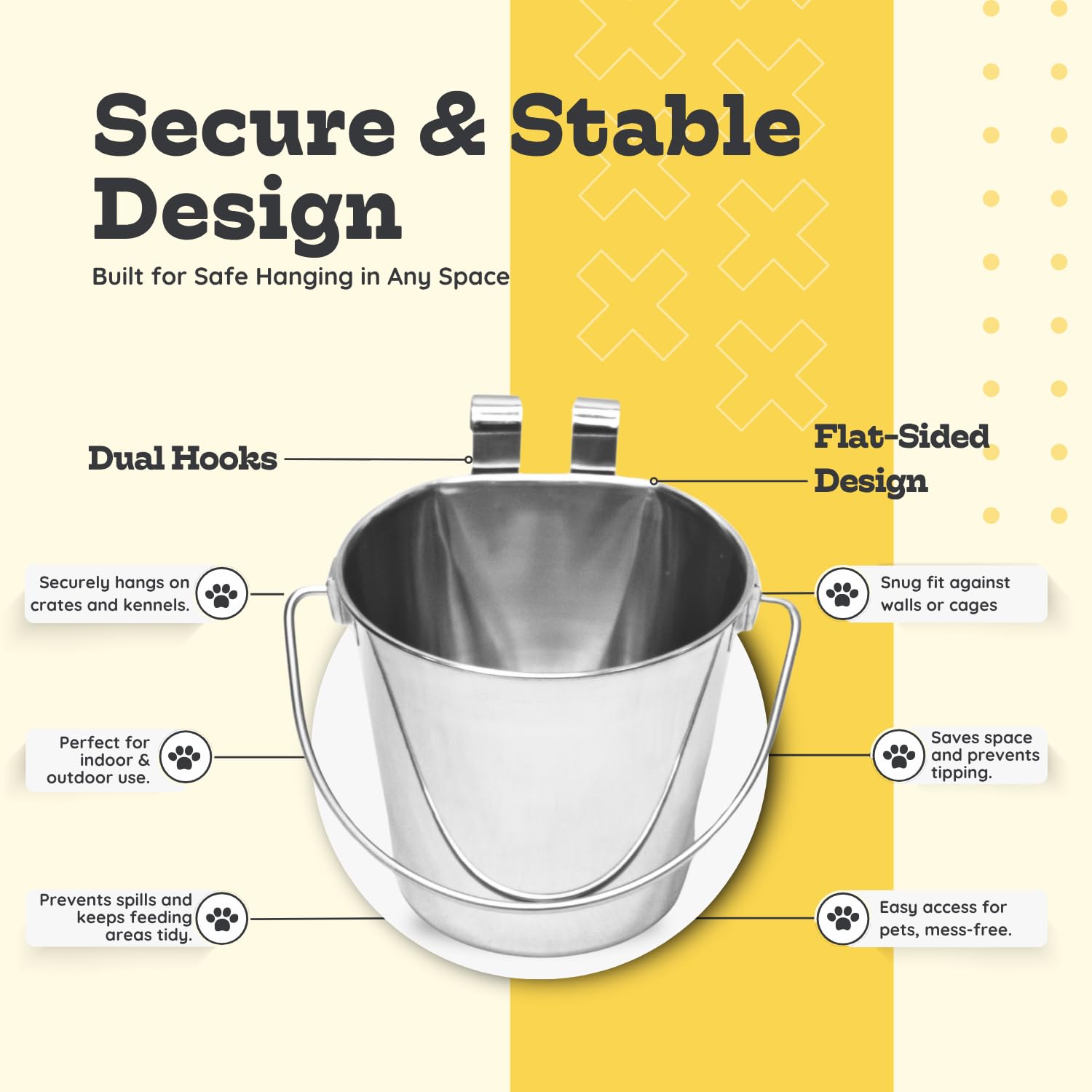 1 quart Stainless Steel Flat Sided Bucket with Dual Hooks | 0.25 gal Durable Food & Water Bowl for Dog Cat Bird & Small Animals | Fits kennel Cage Critter Crate | Hanging Utility Pet Pail
