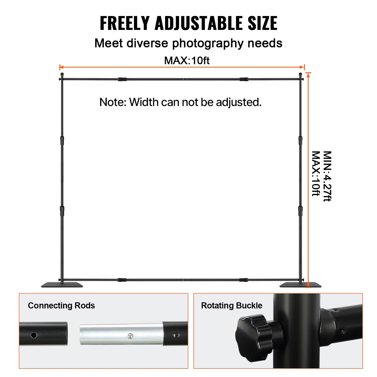 VEVOR Backdrop Stand, 5 x 6.5 ft Adjustable Photo Backdrop Stand Kit, Portable Background Backdrop Stand with 3 Crossbars, Heavy Duty Projector Screen Stand, for Wedding, Photo Video Studio & Party