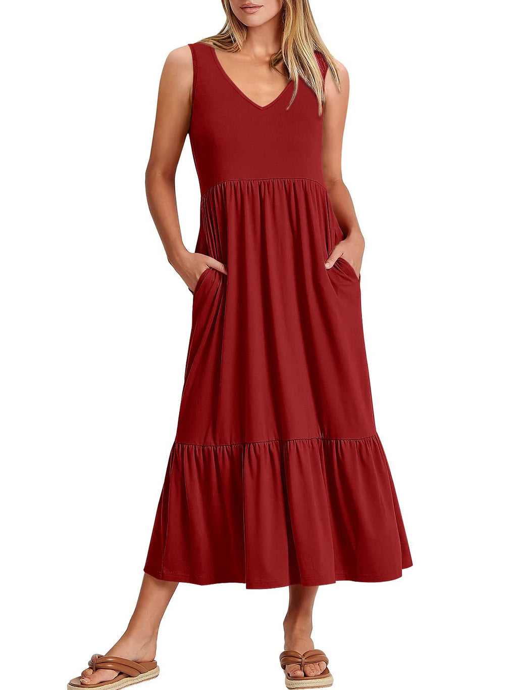 ANRABESS Women Summer Maxi Dresses A-line Tiered Flowy V Neck Sleeveless Swing 2026 Casual Beach Travel Sundress with Pockets