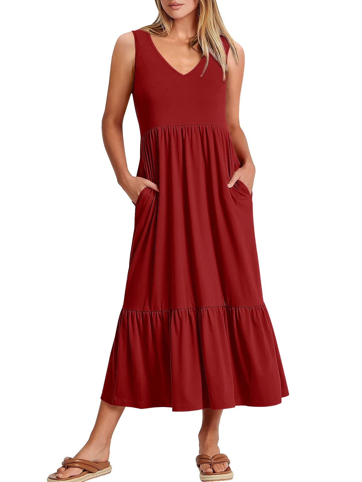 ANRABESS Women Summer Maxi Dresses A-line Tiered Flowy V Neck Sleeveless Swing 2026 Casual Beach Travel Sundress with Pockets