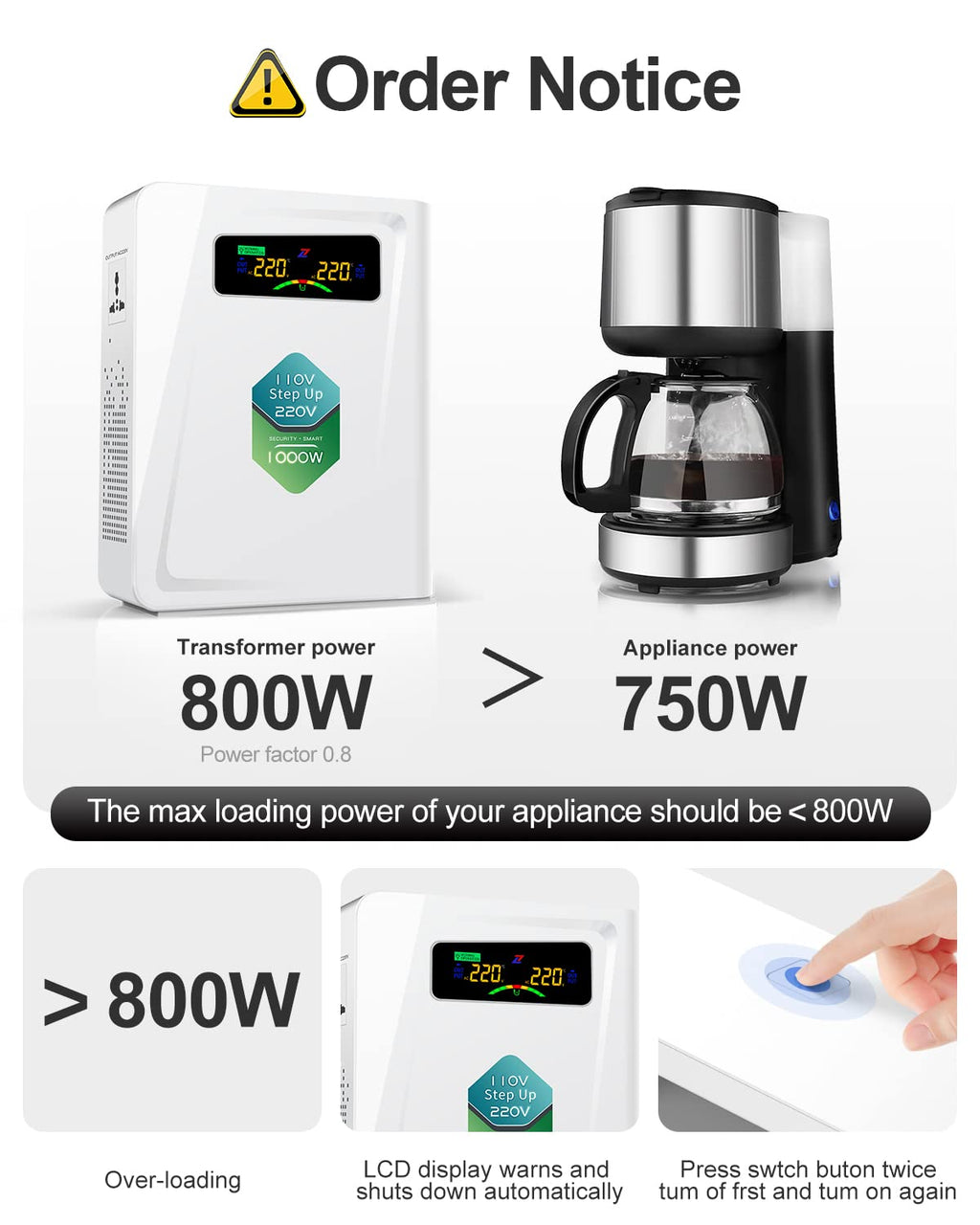 220v to 110v Step Down Transformer 1000W Power Voltage Converters, No Noise, Ten Protection Functions, Suit for Coffee Machines, Rice Cookers and Other US Appliances Used in Europe