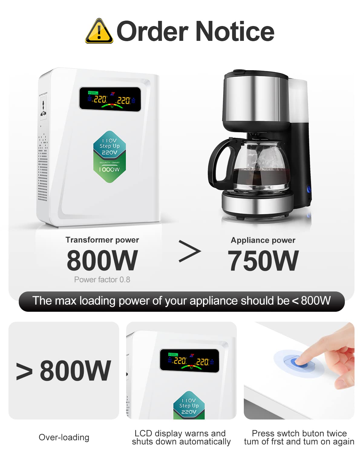 220v to 110v Step Down Transformer 1000W Power Voltage Converters, No Noise, Ten Protection Functions, Suit for Coffee Machines, Rice Cookers and Other US Appliances Used in Europe