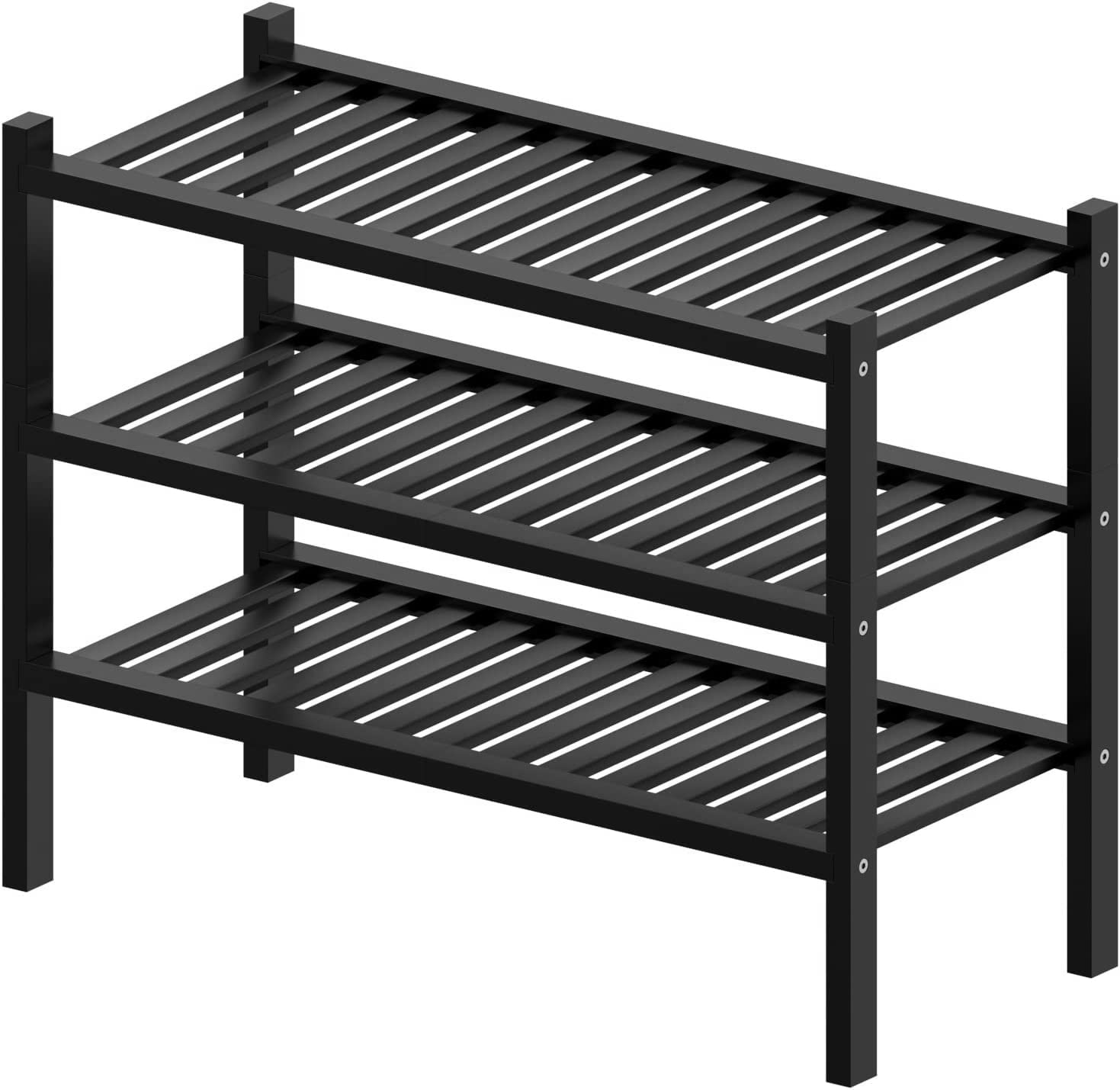 ROMGUAR CRAFT 2-Tier Bamboo Long Shoe Rack, Free Standing Wood Shoe Shelf Storage Organizer for Closet Entryway Stackable 35"x11"x13" (Black)