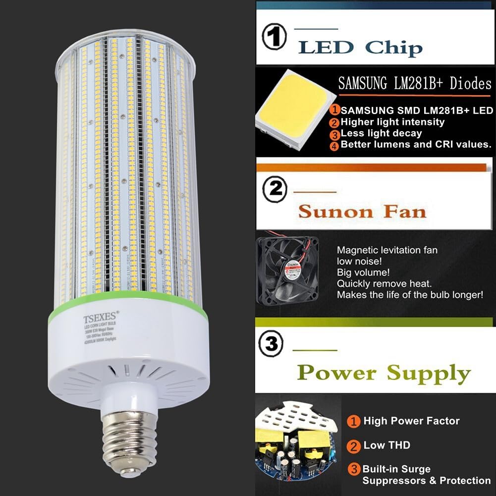 TSEXES 1000W Equivalent LED Corn Bulb, 300W E39 Mogul Base,42,000 Lumen Replacement Metal Halide/HID/HPS,5000K Daylight for Garage Warehouse Parking Light