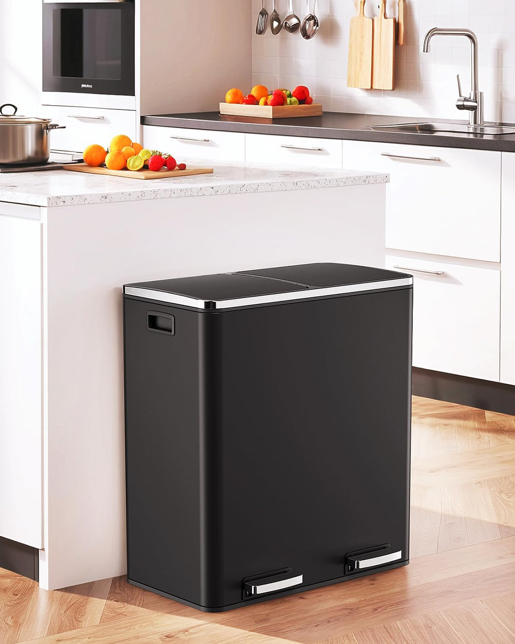 60L(16 Gal) Dual Trash Can, Stainless Steel Kitchen Garbage Can, Double Compartment Classified Rubbish Bin, Recycle Dustbin w/Plastic Inner Buckets, Soft-Close Lid, Airtight, Black