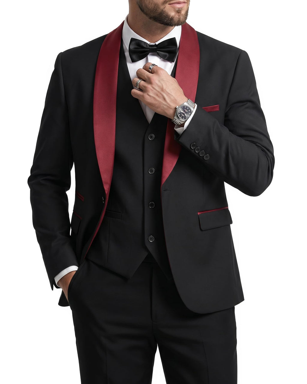 MrSure Men’s 3 Piece Slim Fit Suit, One Button Shawl Lapel Tuxedo, Premium Dinner Jacket Vest Pants & Tie Set
