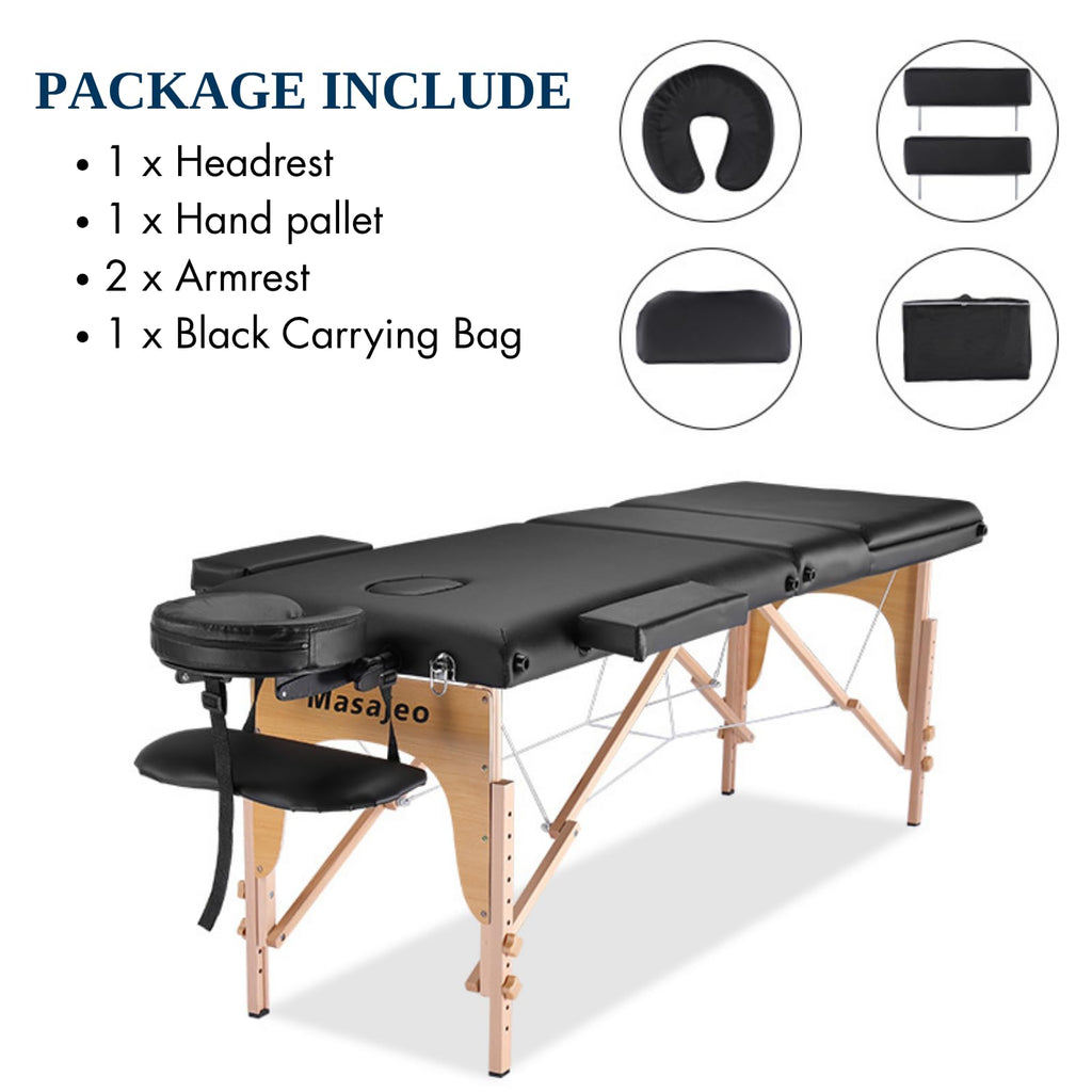 Portable Massage Table Massage Bed Professional SPA Reiki Eyelash Salon Bed, Wooden Frame Height Adjustment Accessories, Black (3-Section)