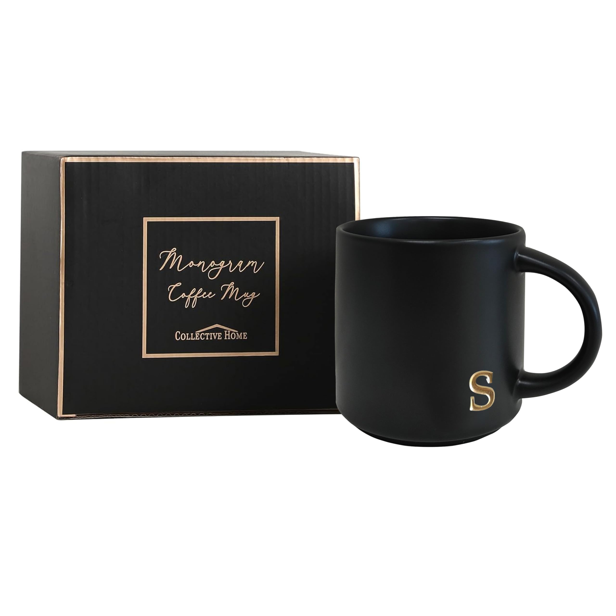 COLLECTIVE HOME - Black Monogram Ceramic Mugs, 15 oz Golden Initial Coffee Cups, Elegant Alphabet Tea Mugs, Personalized Halloween Mug with Gift Box, Perfect for Office and Home Décor (a)