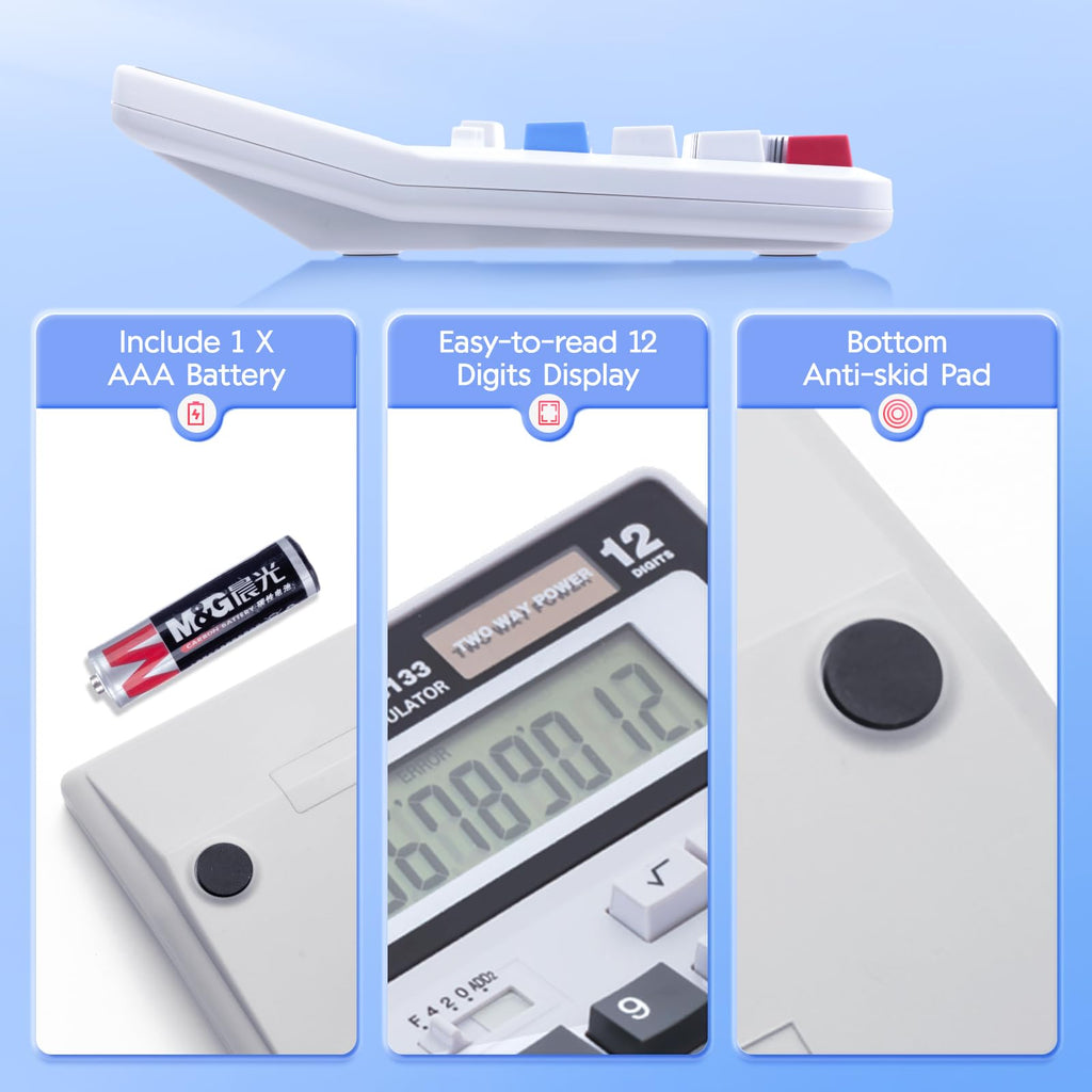 M&G Desk Calculator 12 Digit Extra Large LCD Display, Dual Solar Power and Battery, Accounting Calculator with Big Button, Battery Include, Perfect for Office Business Home Daily Use