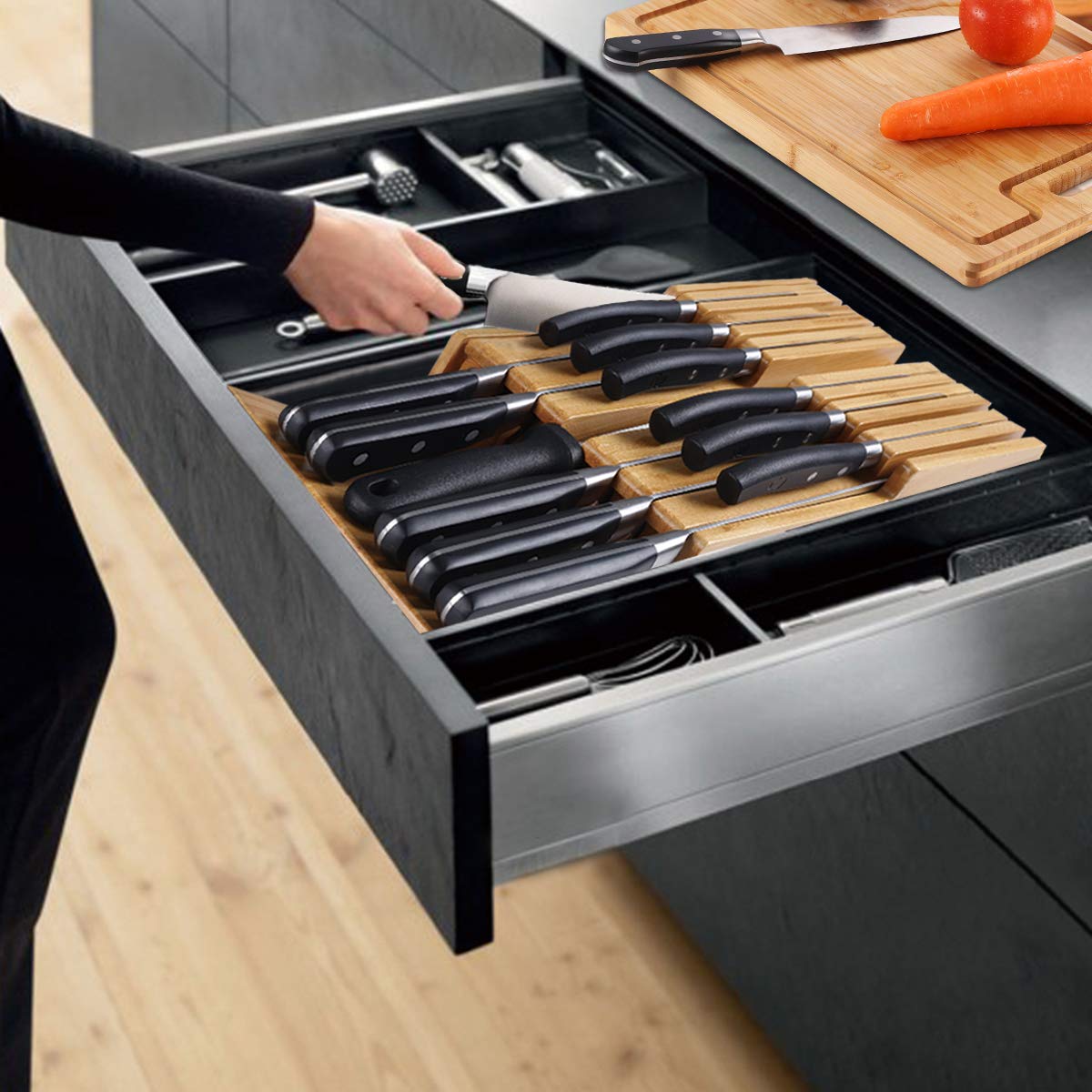 NIUXX Bamboo In-Drawer Knife Block Set for 9 Knives(Not Included), Large Kitchen Detachable Washable Cutlery Slot Organizer Storage Holder for Sharpening Steel and Cutter