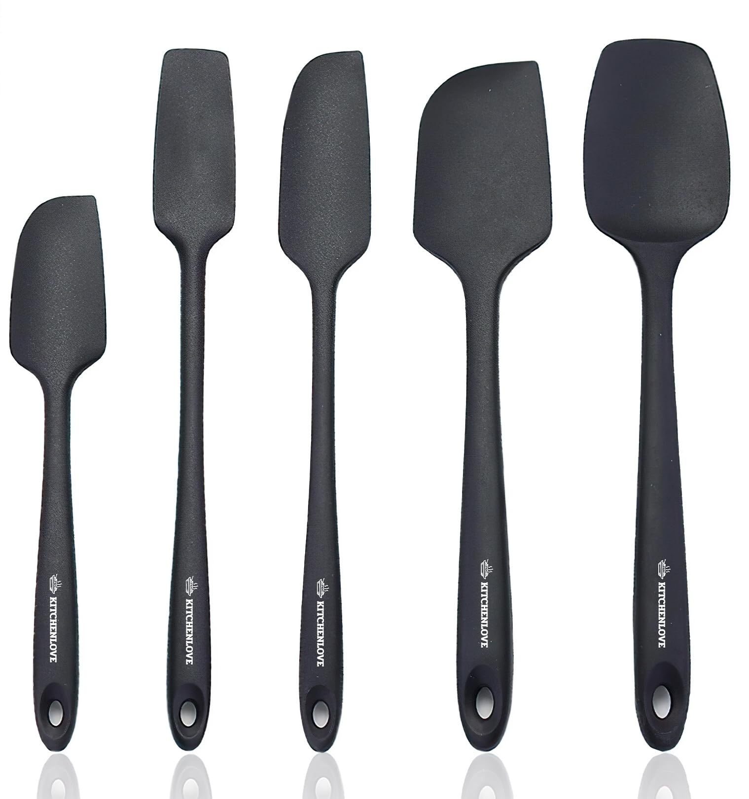 KITCHENLOVE Premium 600°F Heat Resistant 5 Piece Silicone Spatula Set for Baking, Cooking, Mixing - Non-Stick with High Grade S-Iron Steel Core - One Piece Seamless Design - BPA Free (Black)