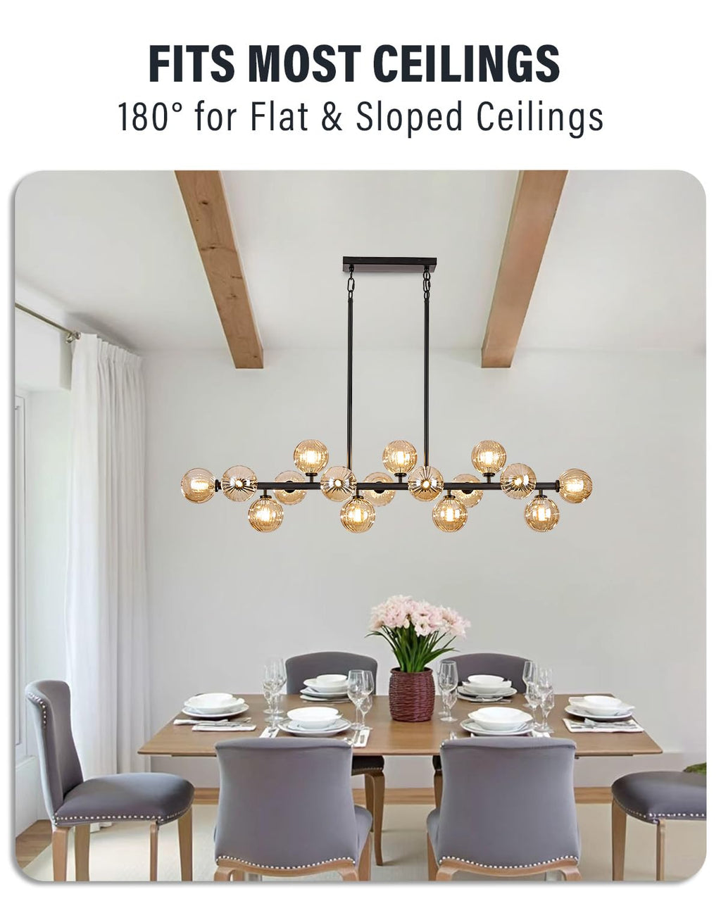 Modern Linear Chandeliers for Dining Room, 8-Light Globe Sputnik Pendant Ceiling Light, Black Dining Room Light Fixture Over Table, Mid Century Glass Milk White Bubble, 31.5 Inch, GC-09